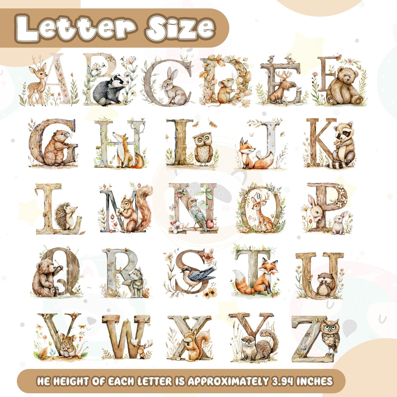 Woodland Alphabet Wall Decals Watercolor Animal ABC Wall Decals for Kids Peel…