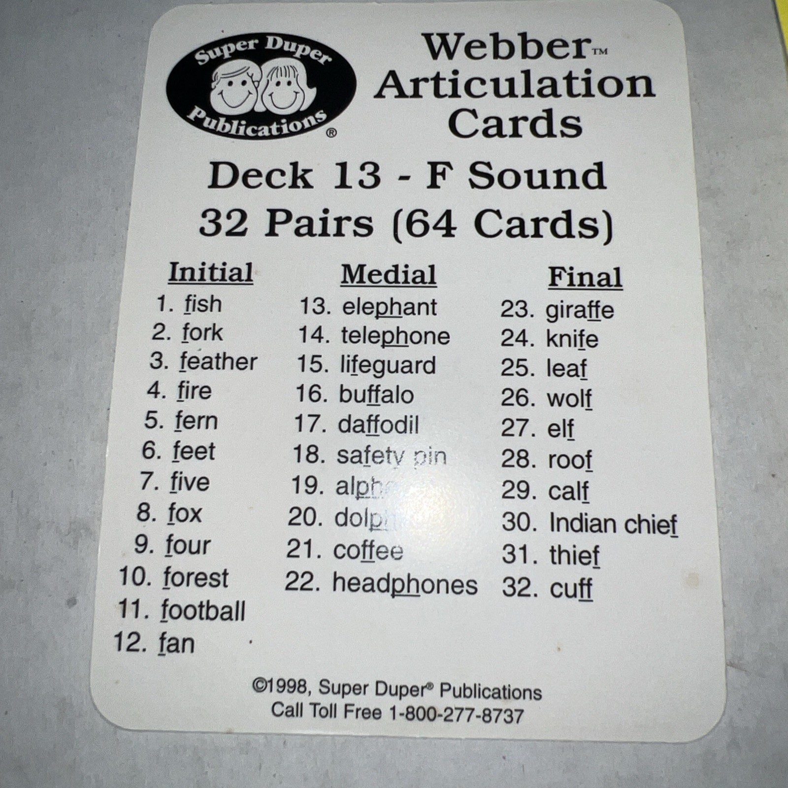 1998 Webber Articulation Cards Deck 13- “F” Sound Incomplete 52 Cards w/Case