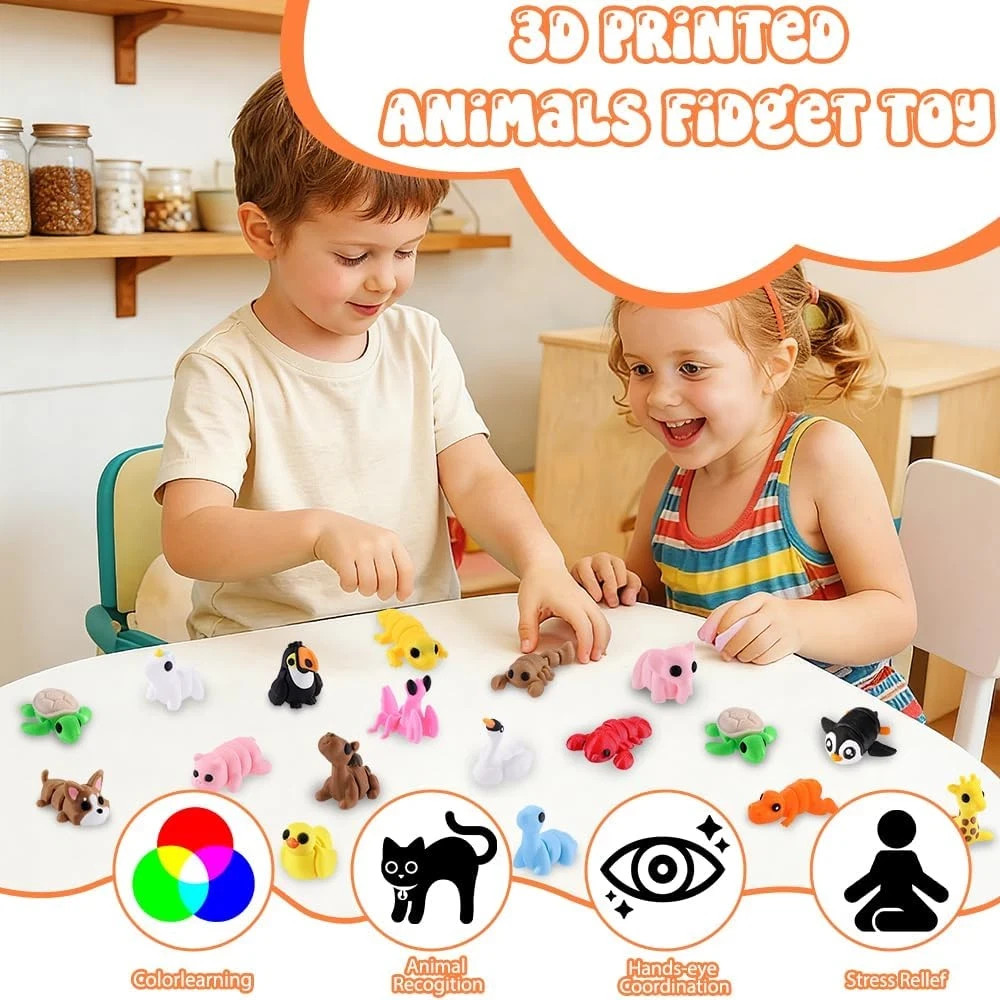 50 Pcs Mini 3D Printed Animal Figurines Set, Articulated Flexible Fidget Toys Cu