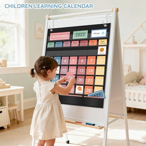 Pocket Chart with 97 Educational Cards, Large 20″x23.6″ Rainbow Calendar