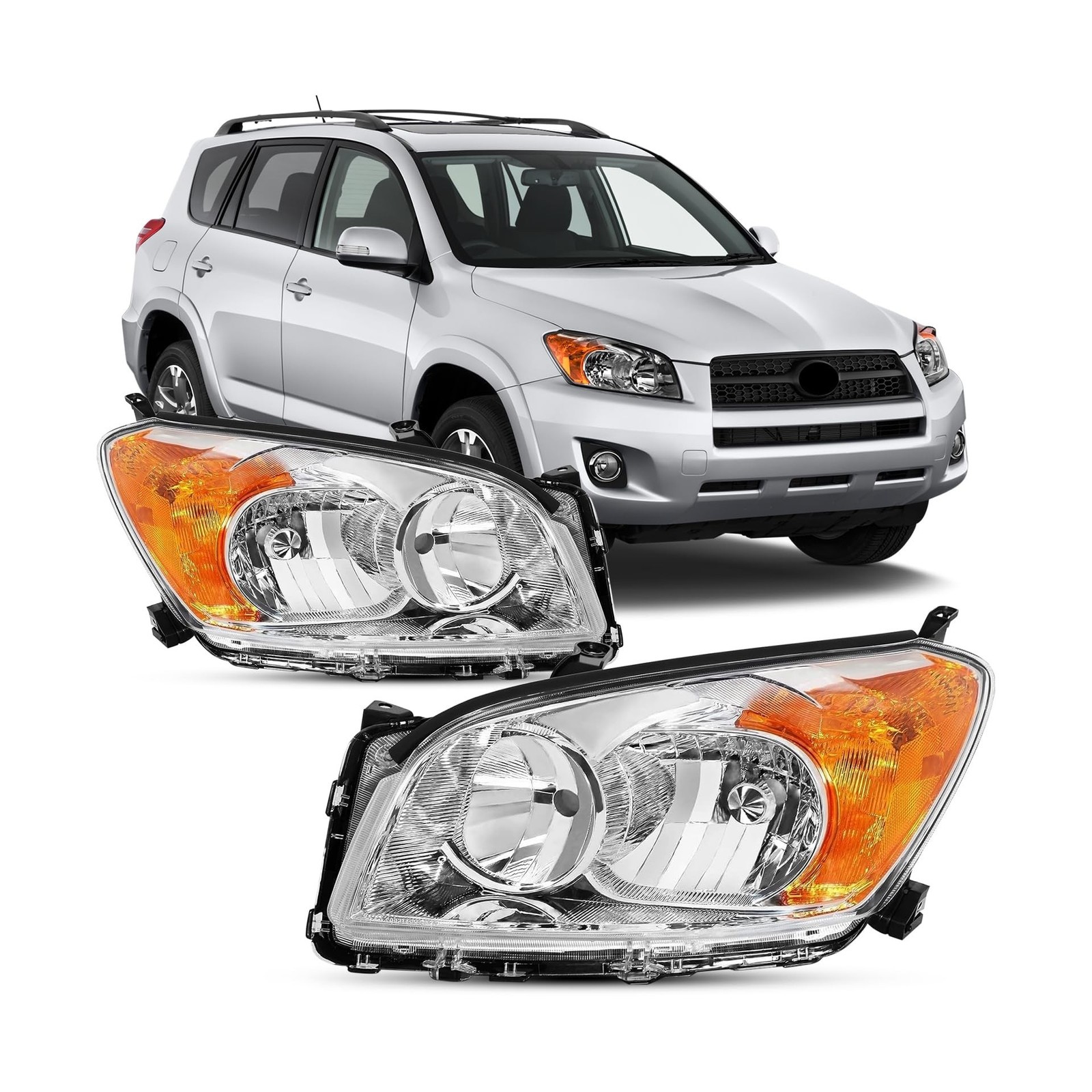 Headlight Assembly Compatible With 2009-2012 Toyota RAV4 Chrome W/Amber Headl…