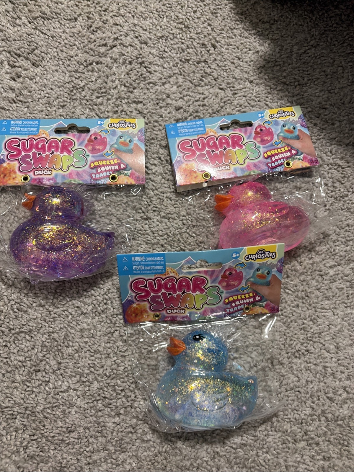 Sugar Swaps Duck Squishy Lot of 3 Pink Blue Purple Glitter Curiosities NEW