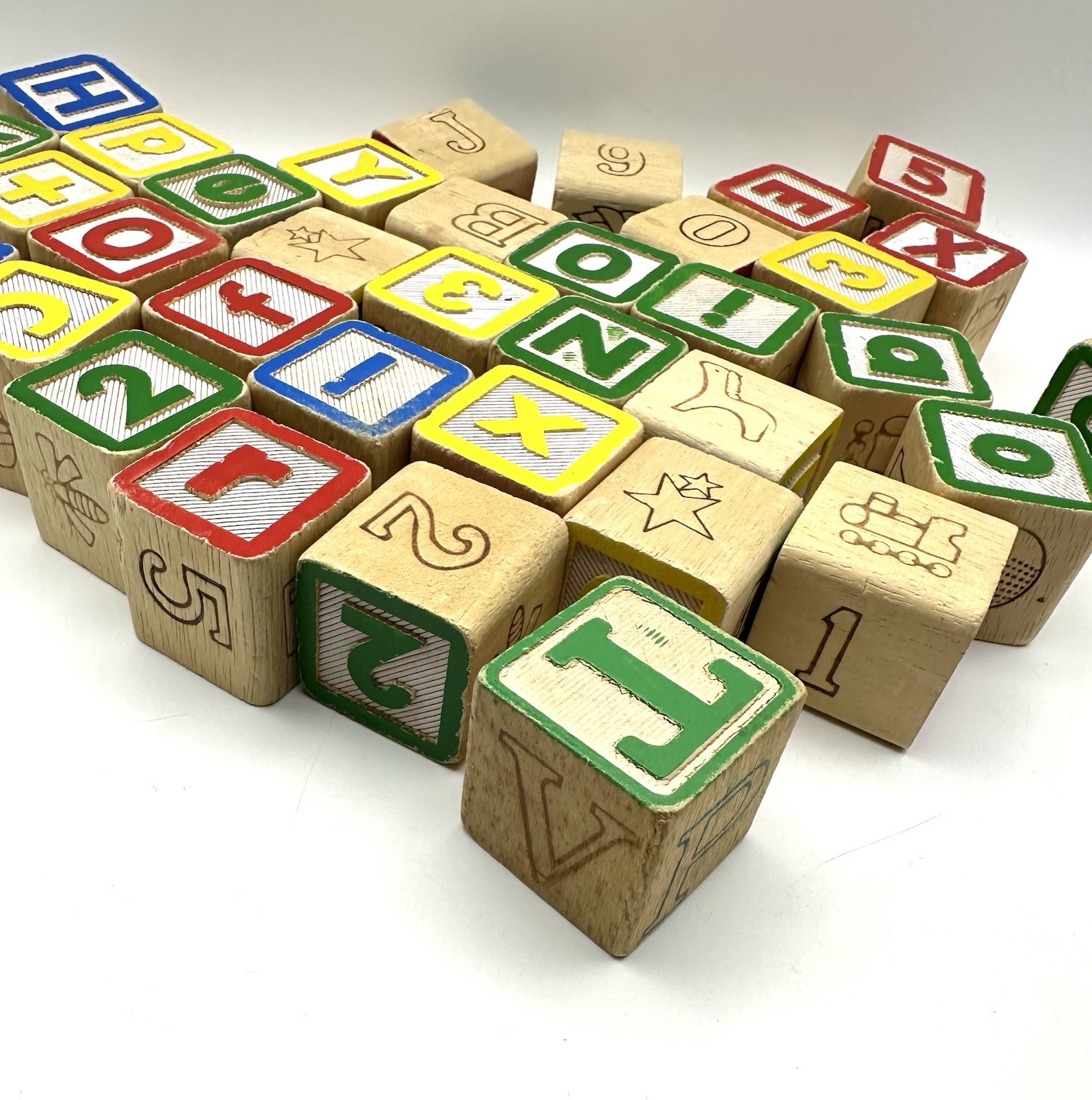 Lot of 35 Vintage Wooden Alphabet Building Blocks Letters and Numbers Children