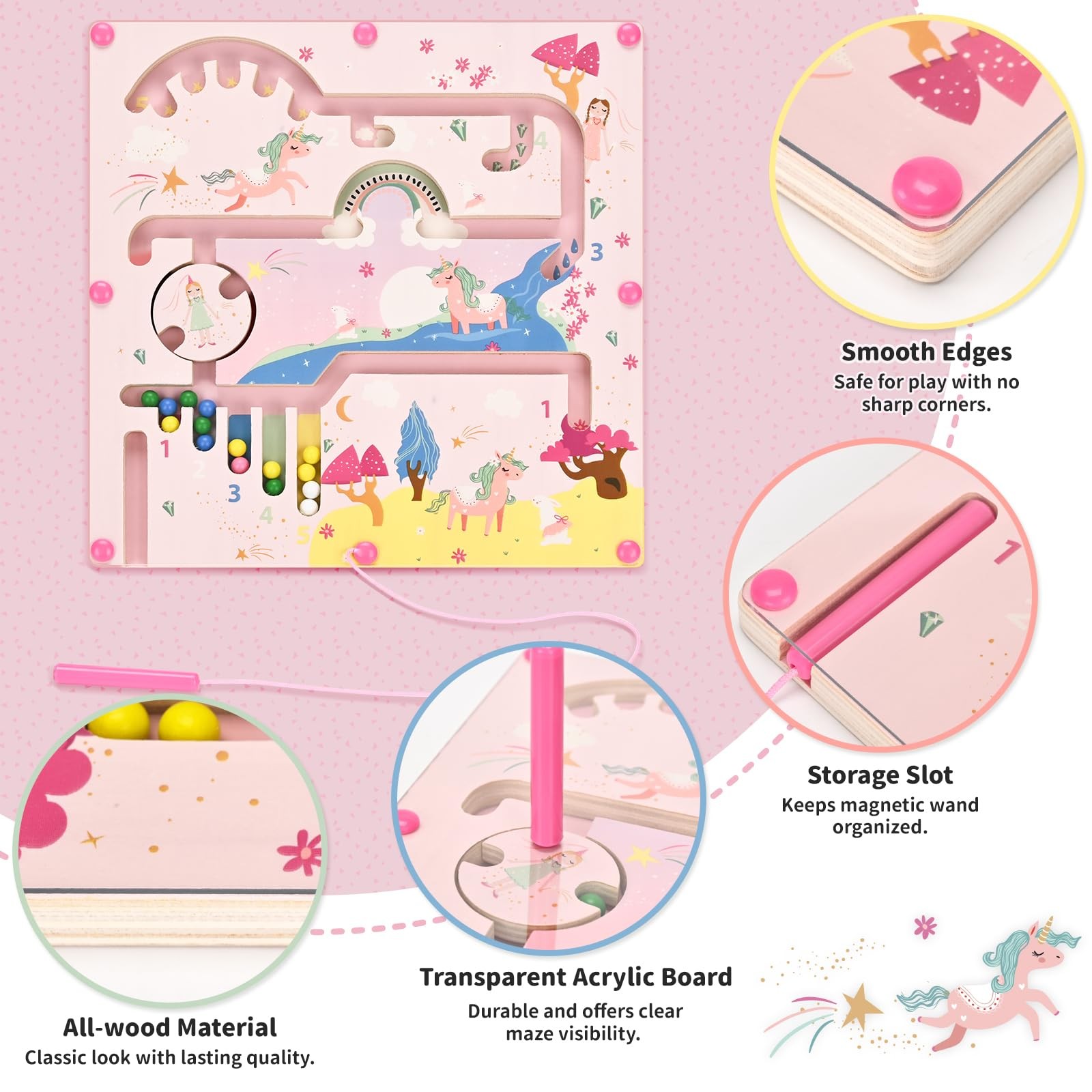 Yierchoo Unicorn Magnetic Maze Toy, Color & Number Sorting 24*24cm, Pink