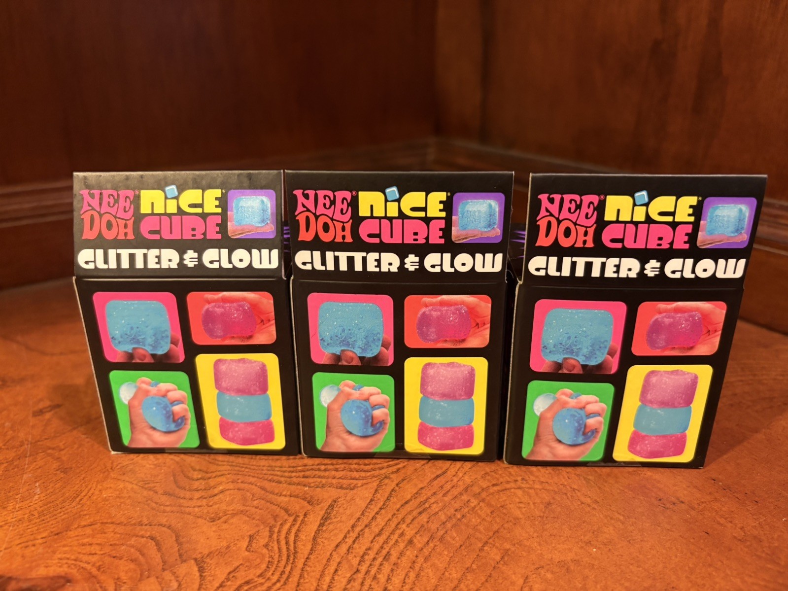 NeeDoh Nice Cube Glitter & Glow | SET OF 3 Blue Purple Pink | Schylling Nee Doh