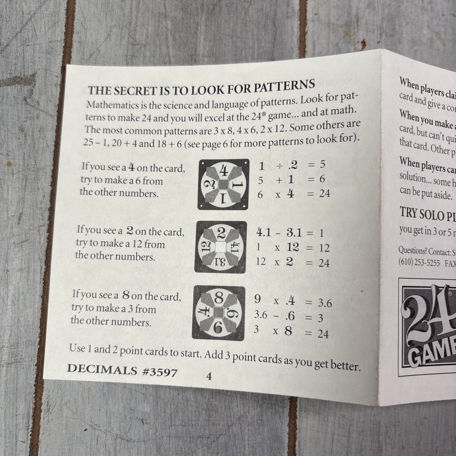 24 Game Decimals Math Game 96 CARDS, Math Practice 1993 – Rare