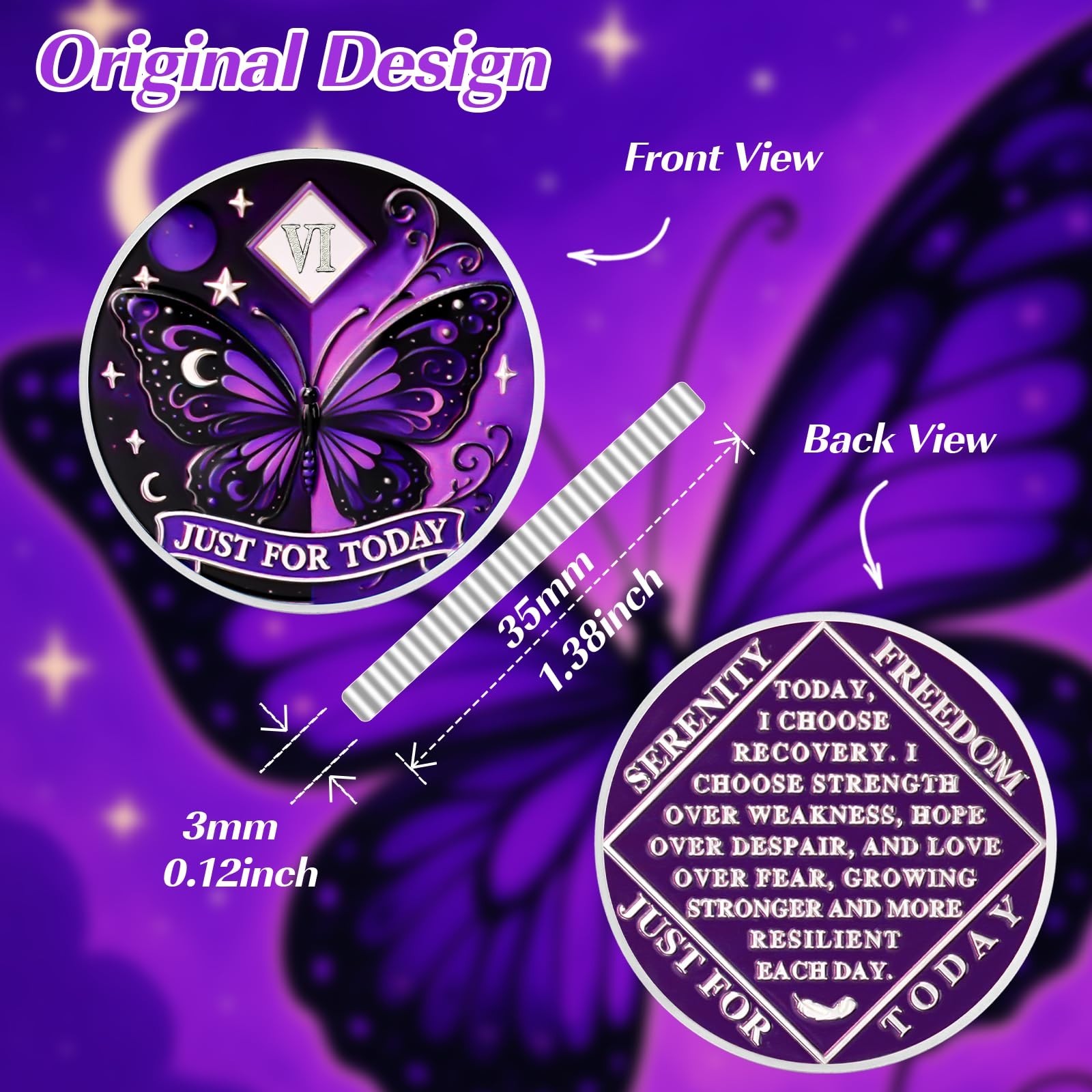 Moonlit Butterfly of Hope 6 Year Sobriety Coin, Affirmation AA Chips, Addicti…