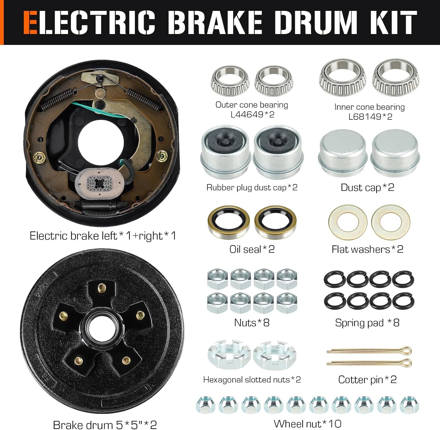 5 on 5 Bolt Circle Drum Kits w/ 10″ x 2-1/4″ Left and Right Electric Brake for