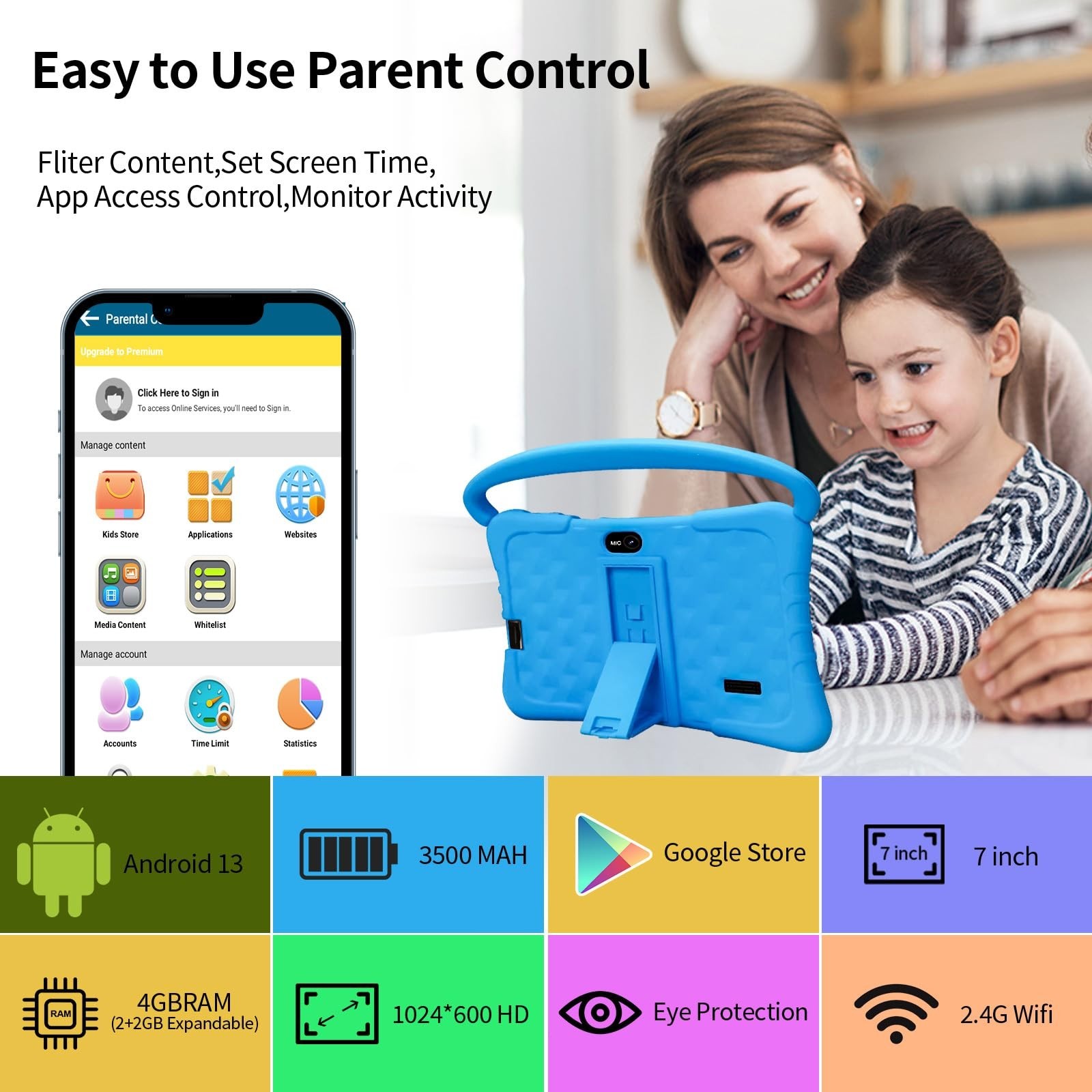 Kids Tablet Wintouch 2GB RAM 32GB ROM Android 11 Learning Education Blue Pink