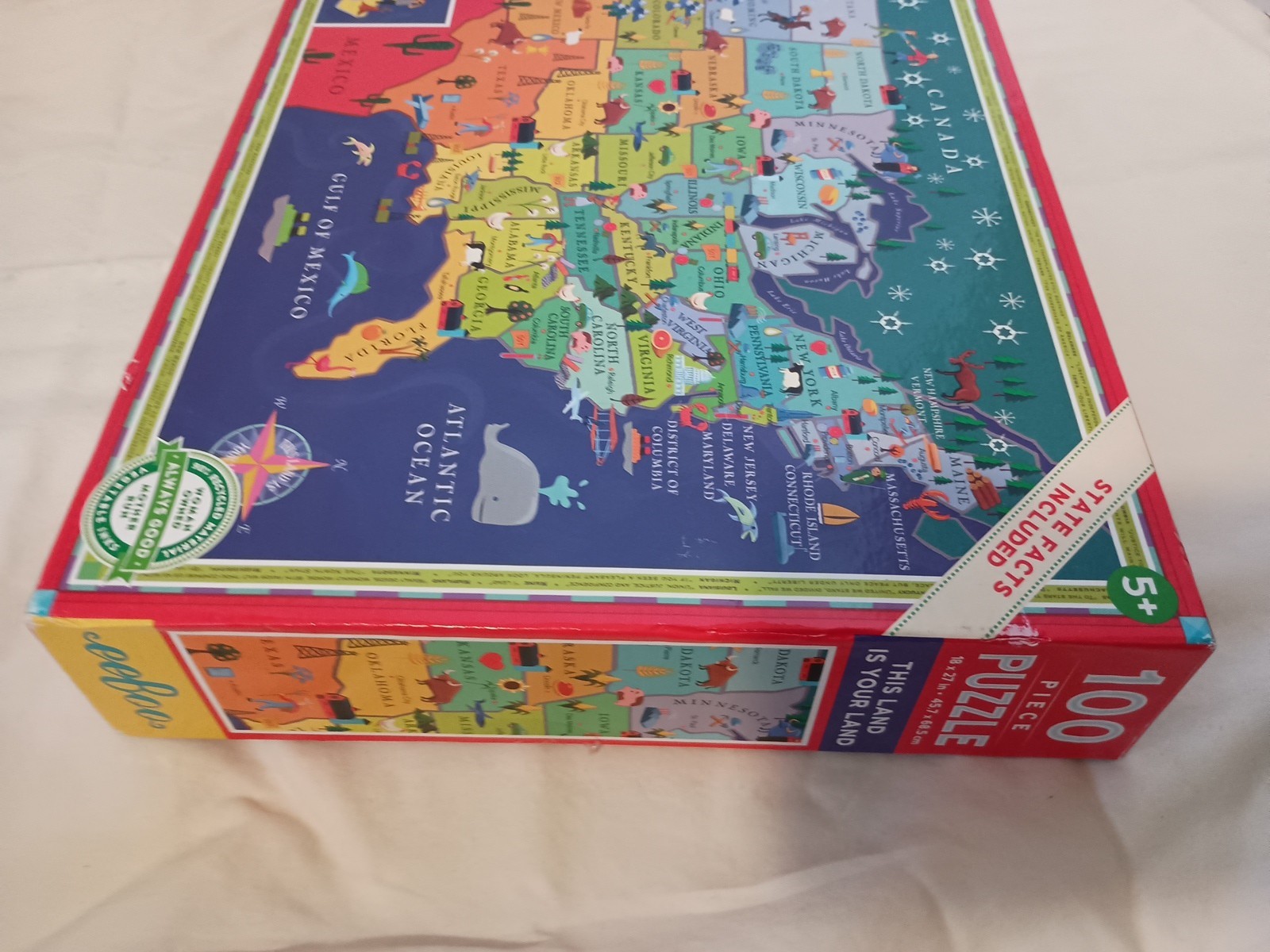eeboo United States 100 pc Map Puzzle, NEW Open Box, Teacher, State Facts 18×27