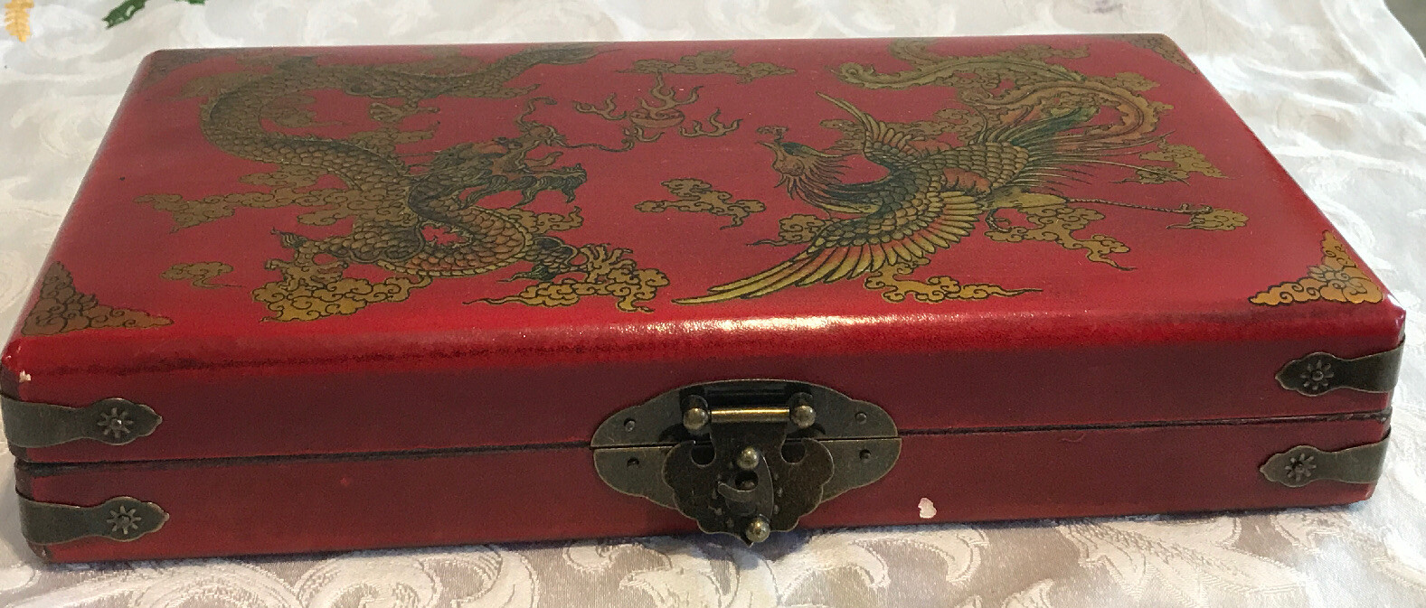 Chinese Abacus HAND dragon phoenix leather wood box
