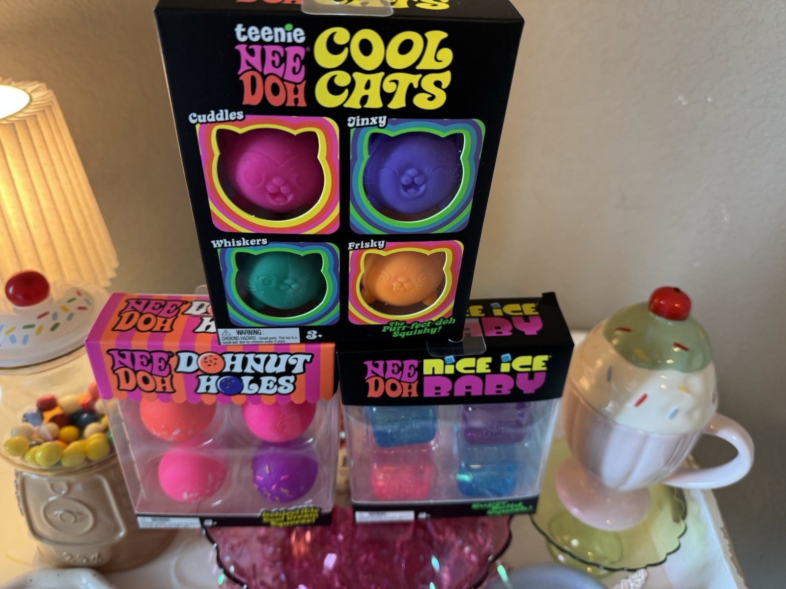 Schylling Teenie Nee Doh Cool Cats Squeeze Toy Set 4 Pink Purple Teal Orange