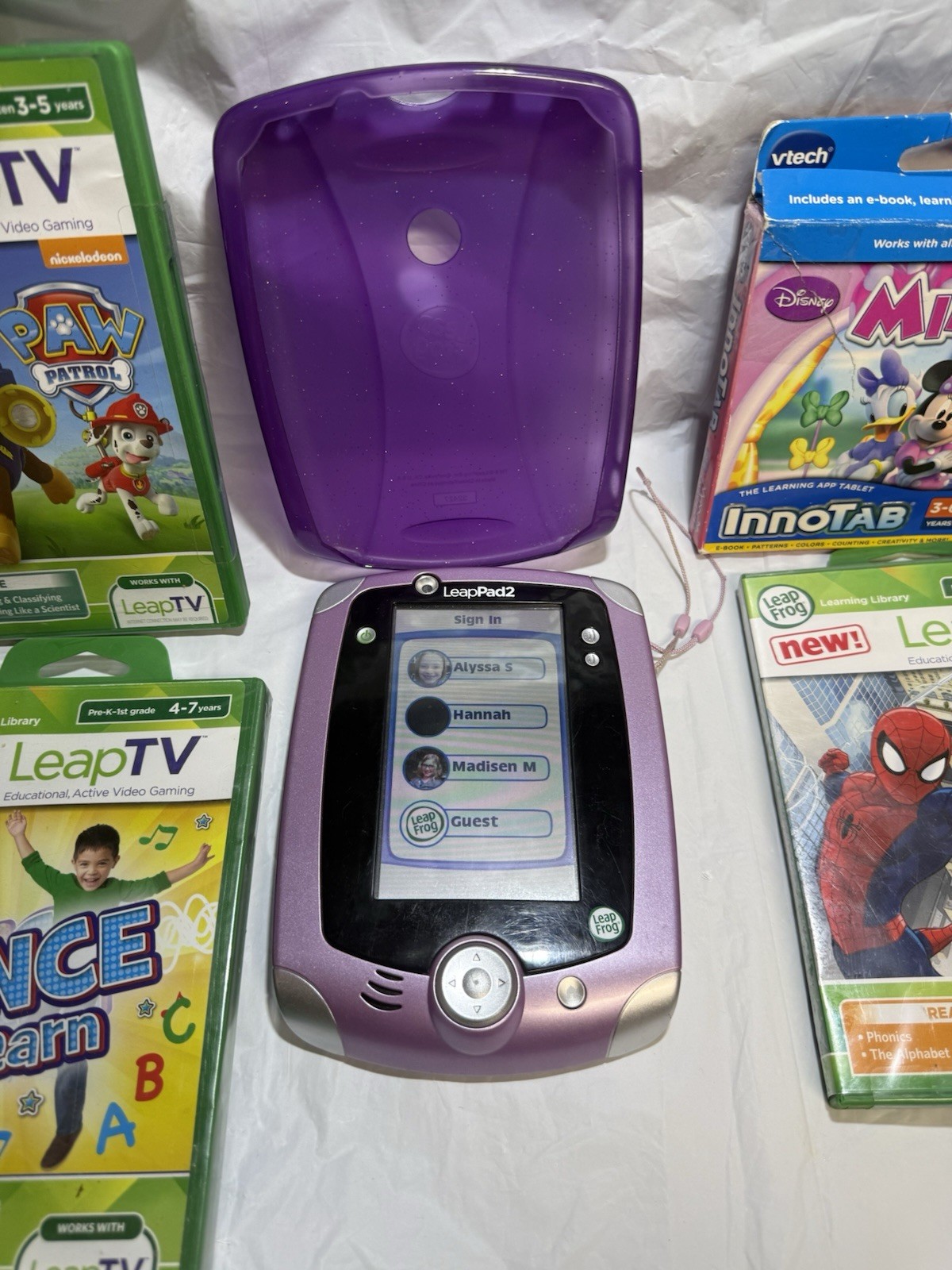 LeapFrog Leap Pad 2 Kids Tablet, Purple Carrying Case, 6 New Games Lot Working