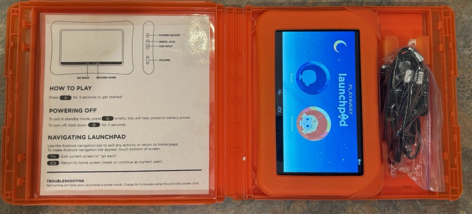 Playaway Launchpad Kids Tablet “Parade of Sounds!” Ages 3+ Orange Cracked screen