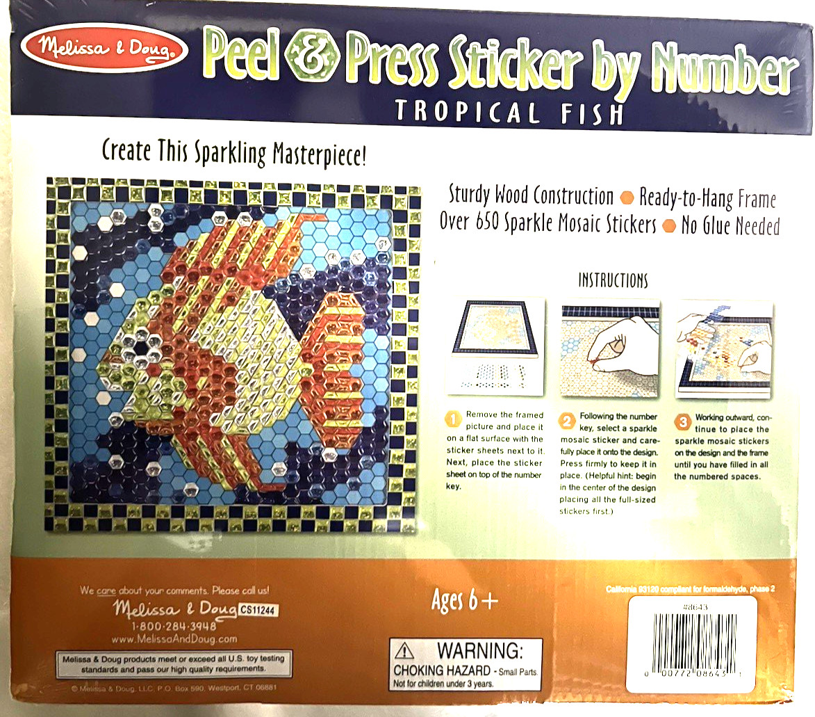 MELISSA & DOUG TROPICAL FISH PEEL & PRESS MOSAICS STICKER BY NUMBER – BRAND NEW