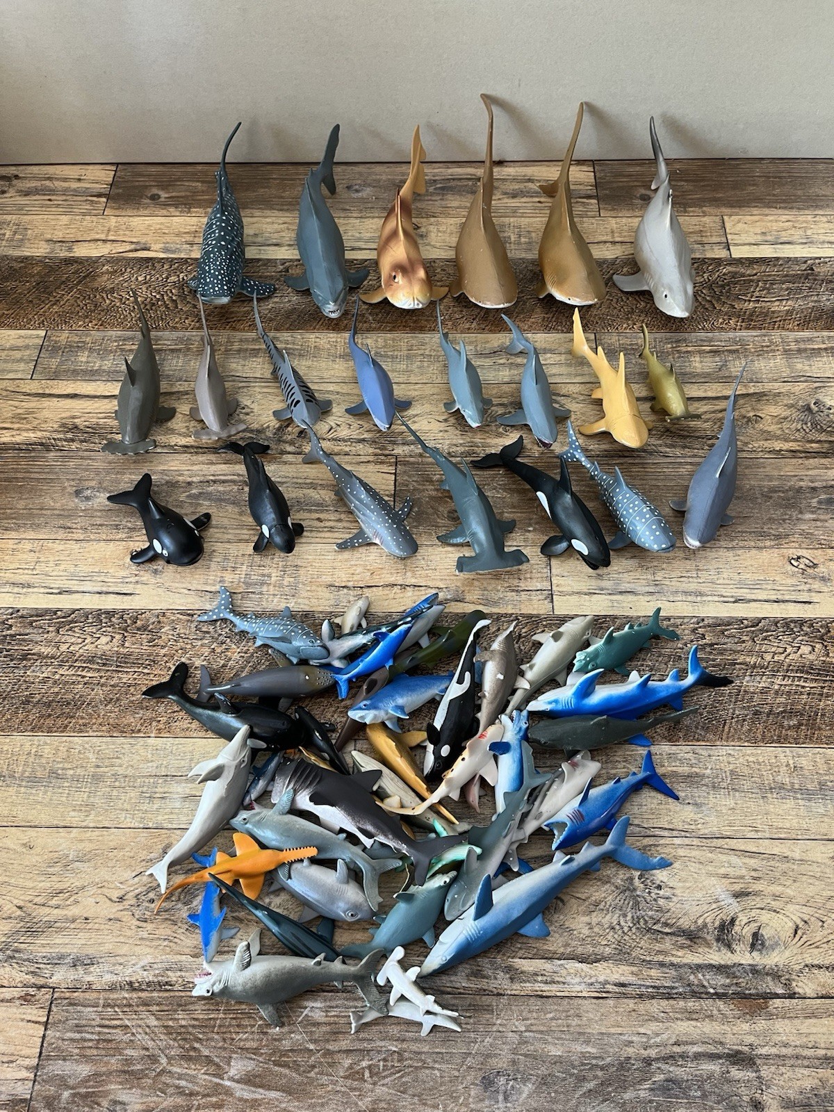 Ocean Animals Plastic Large Lot 60+ Of Sharks Whale Dolphins 10 Inch And Less