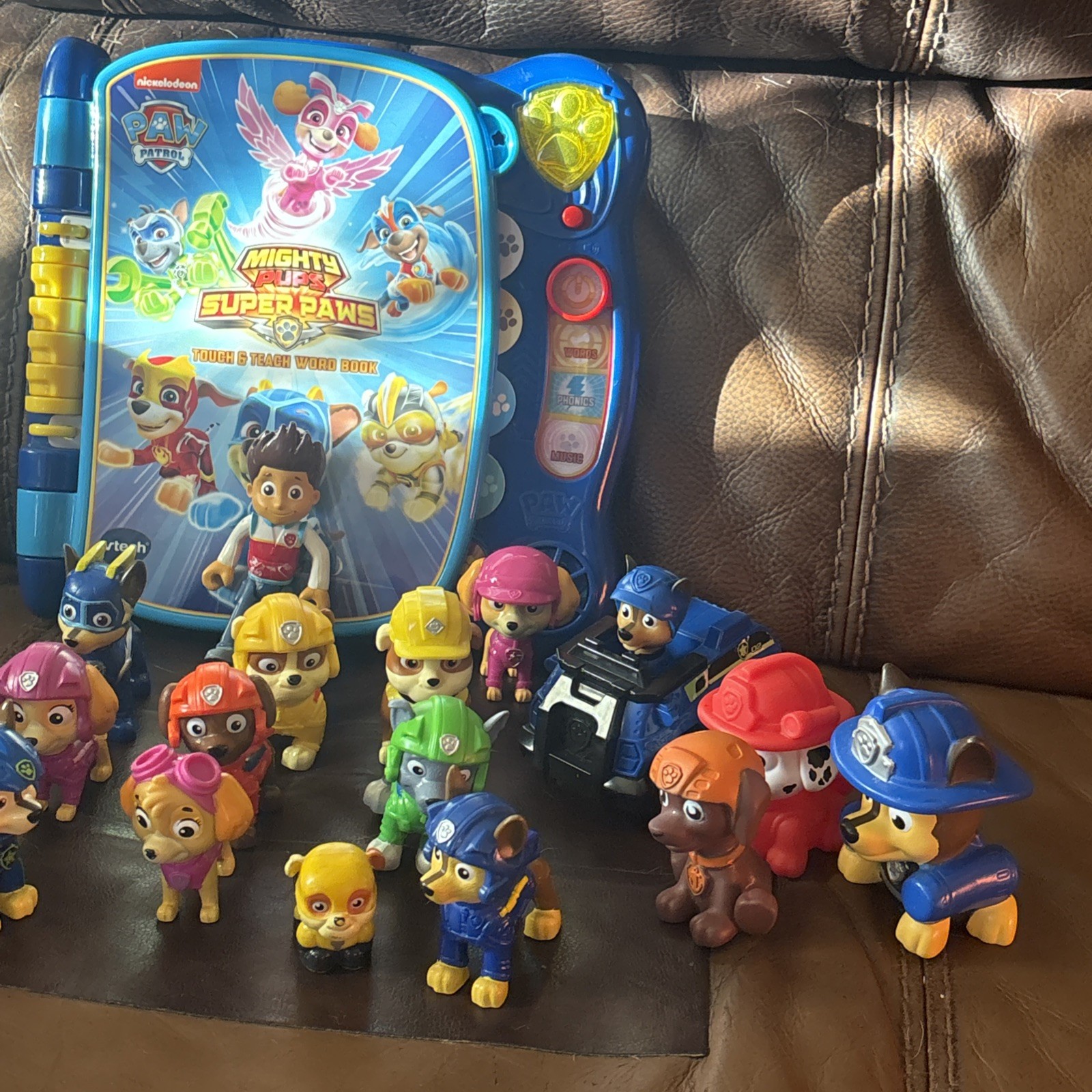Paw Patrol 22 Figures + Mighty Pups Super Paws Touch & Teach Word Book Lot