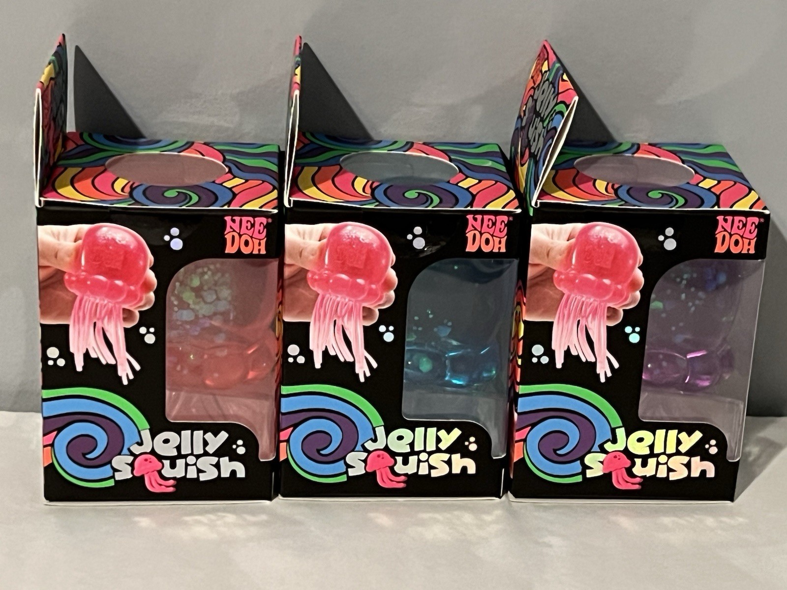 Complete Set of 3 Schylling NeeDoh Jelly Squish: Purple, Pink, Blue ~NEW