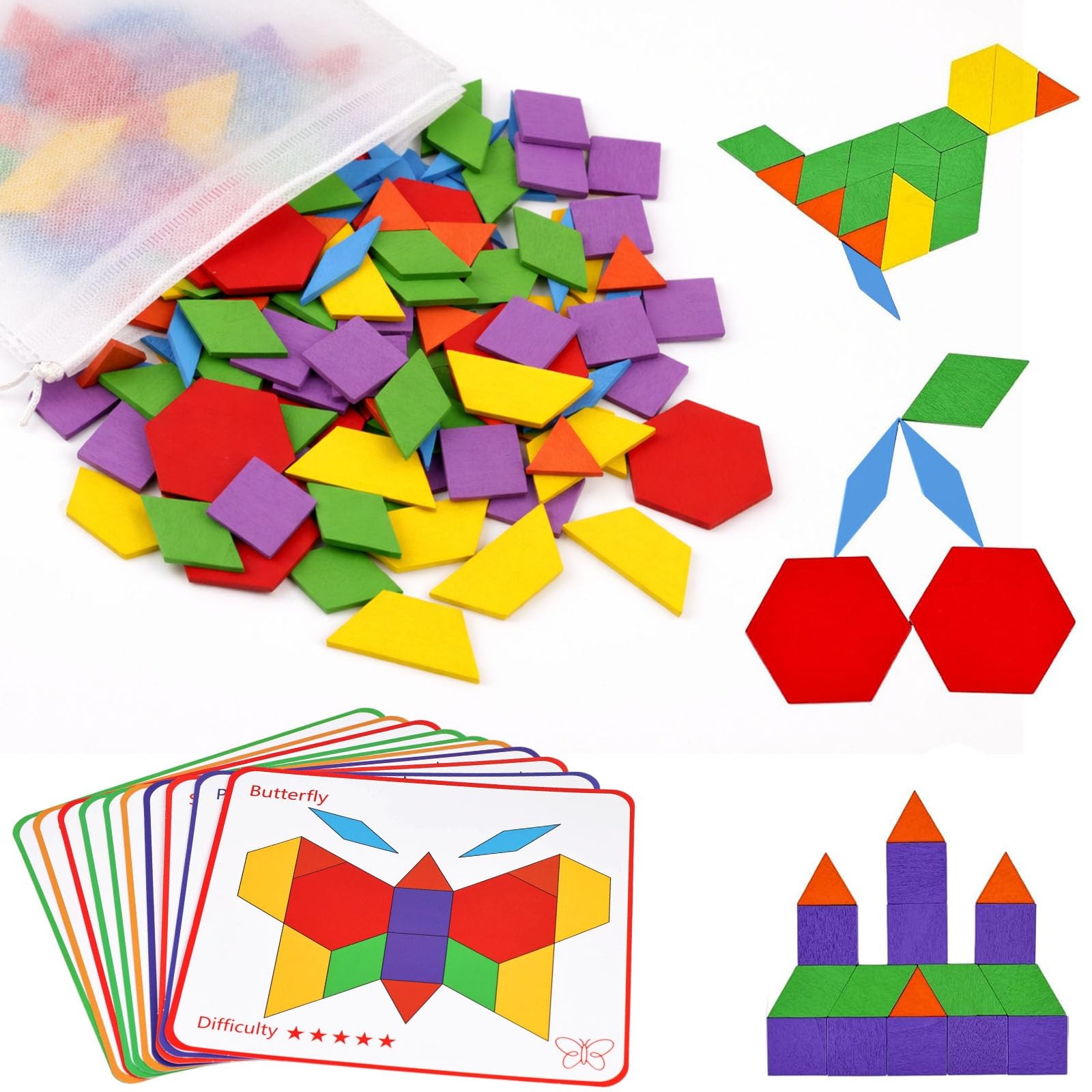 Wooden Pattern Blocks Set Kids Geometric Shapes Tangram Educational Toy