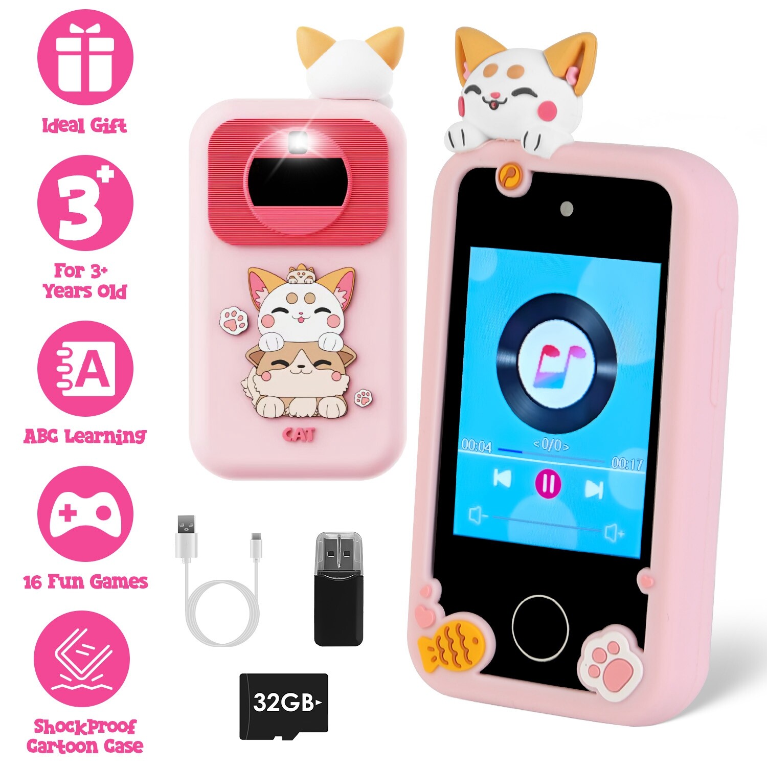 Shockproof Kids Smart Phone for Girls Boy Ages 3-9 Touchscreen Dual Camera Phone