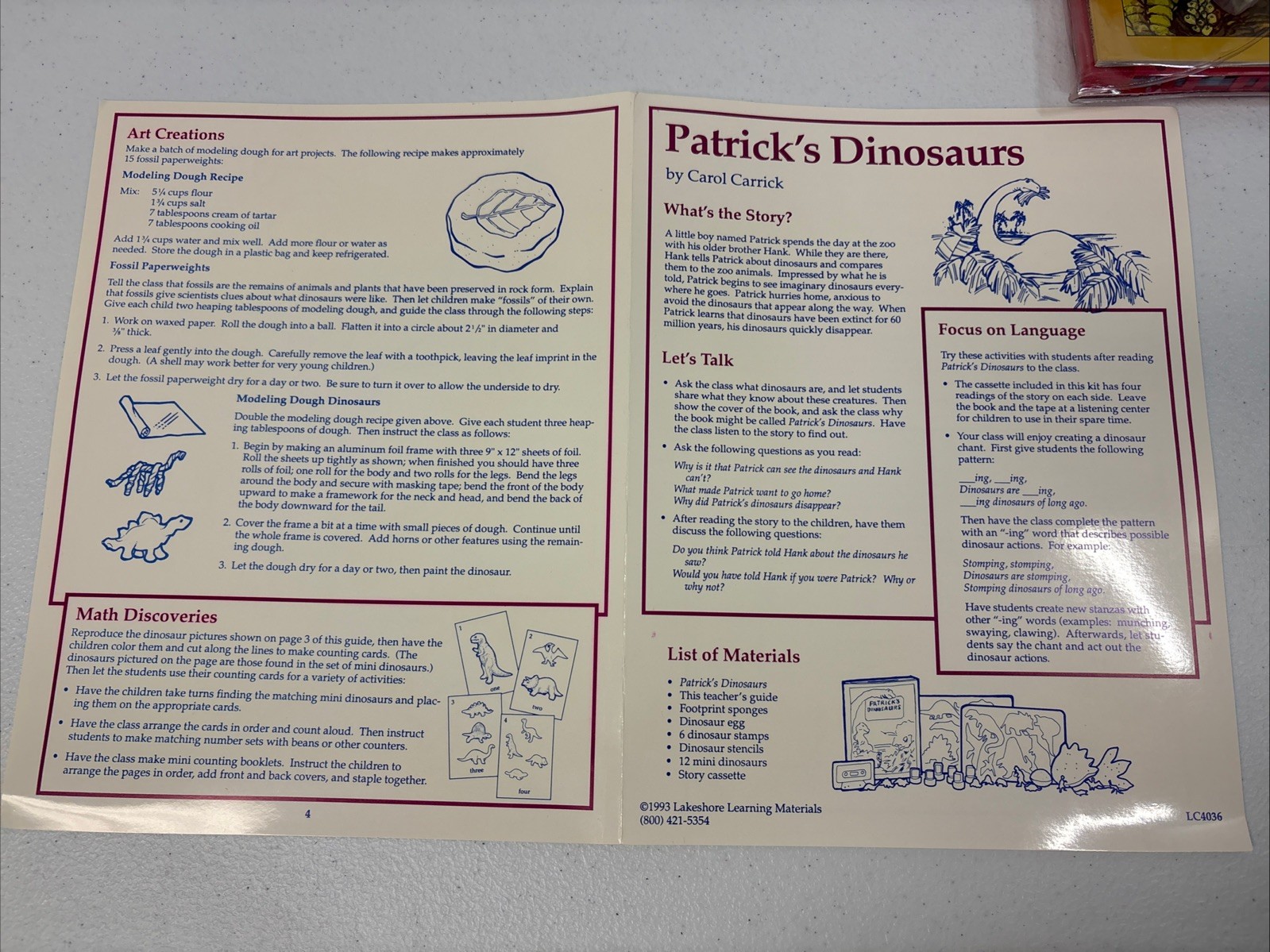 Lakeshore Learning Patrick’s Dinosaurs Carrick 1993 New Complete Kit Tape Crafts