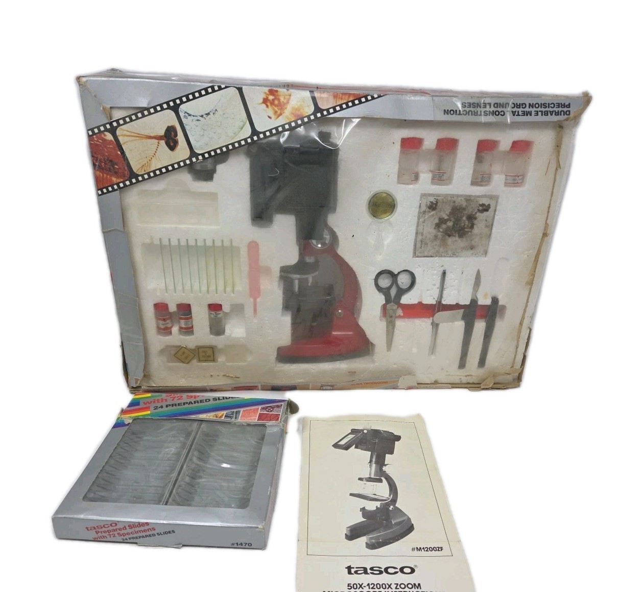 Vintage Tasco 46 Piece Science Kit 5-Way Microscope Kit 50X-1200X 30 slides 1985