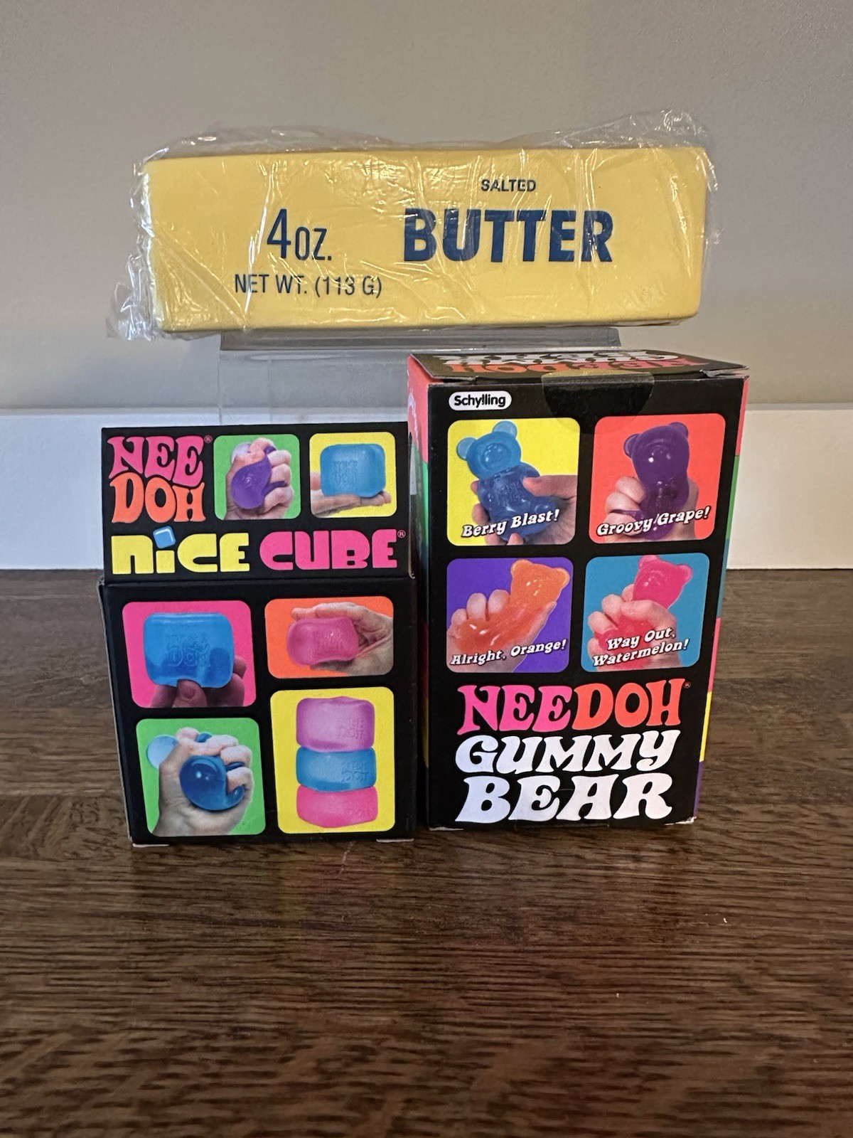 2 Schylling NeeDoh Nice Cube Purple , Way Out Watermelon Gummy Bear & Butter