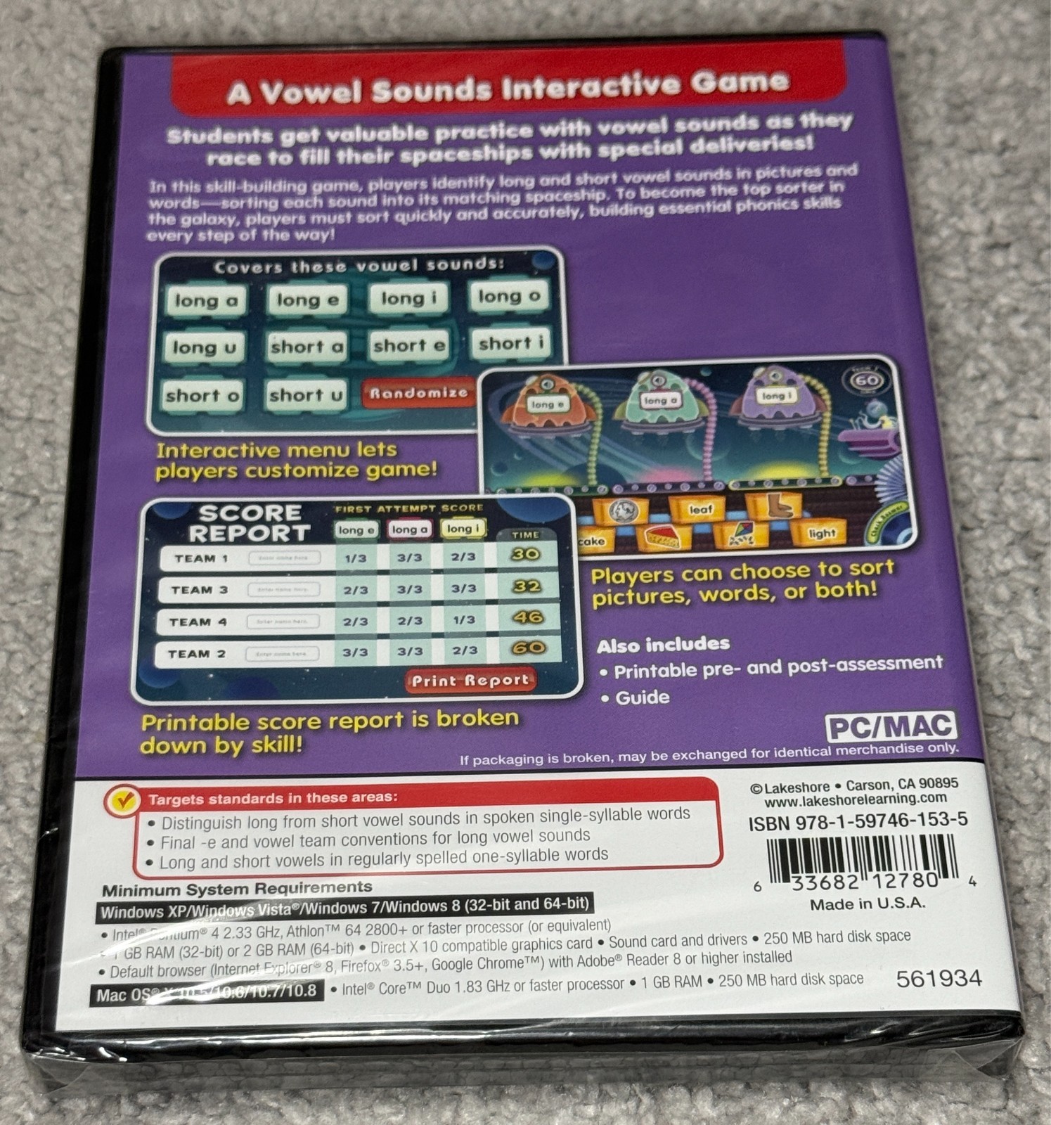 Vowel Sounds Space Sort Interactive Game Lakeshore PC/MAC NEW