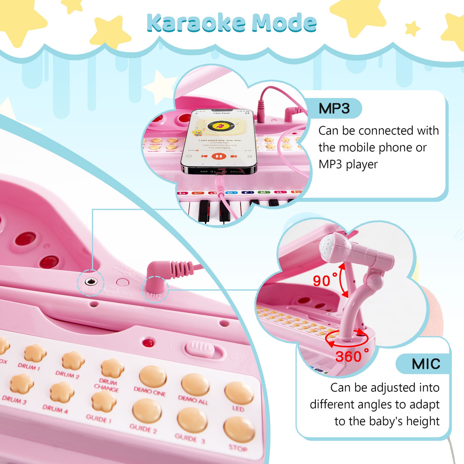 31 Keys Kids Piano Keyboard Toy Toddler Musical Instrument w/ Stool & Microphone