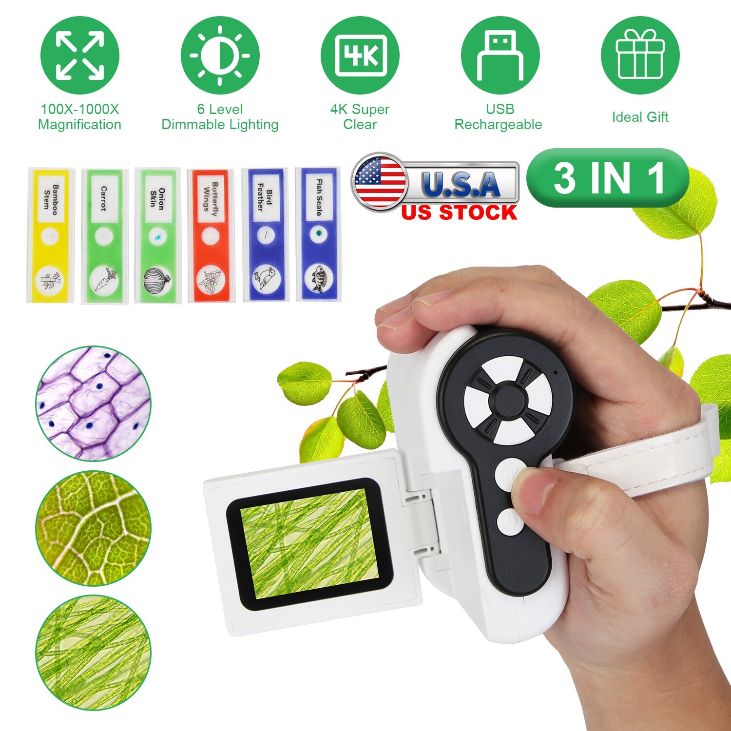 4K Kids Microscope 2″ IPS Screen 1000X Handheld Digital Microscopes 32GB Card