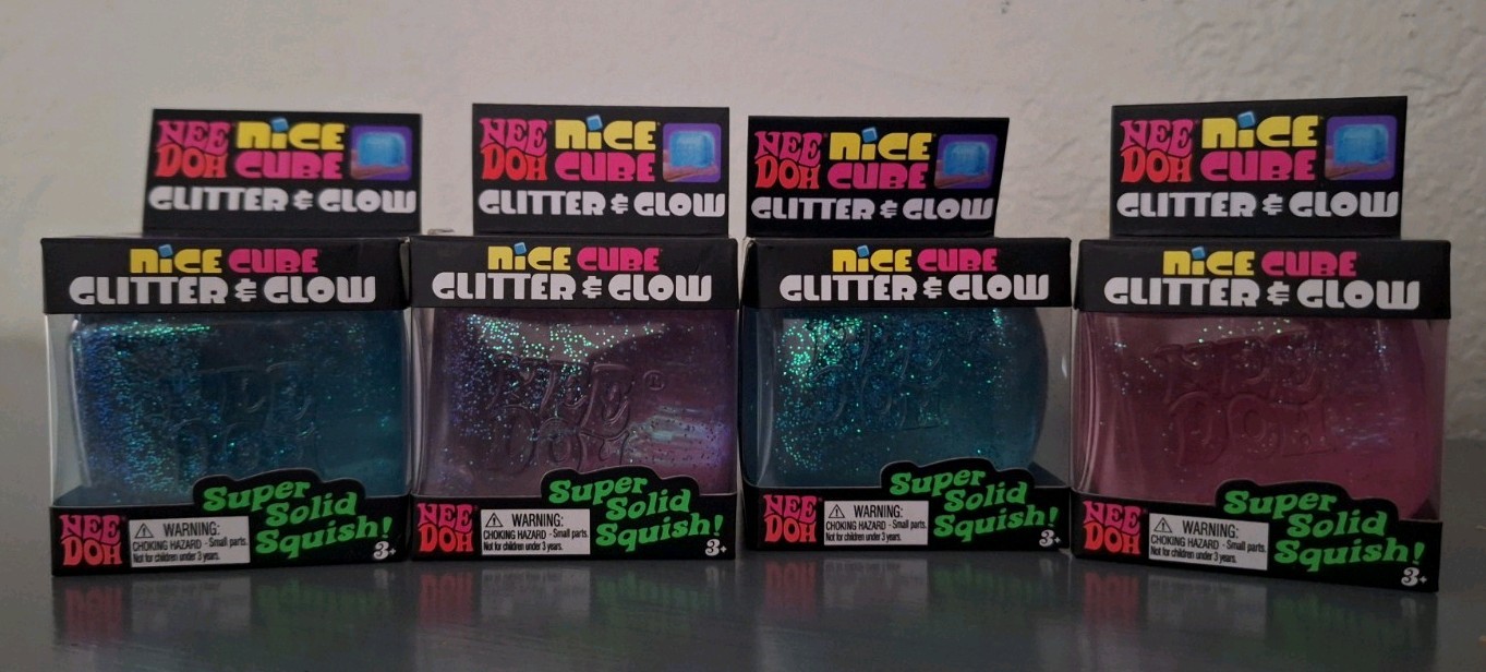 NeeDoh Nice Cube Glitter and Glow SET OF 4 Nee Doh Ice Cube Blue Purple Pink NEW