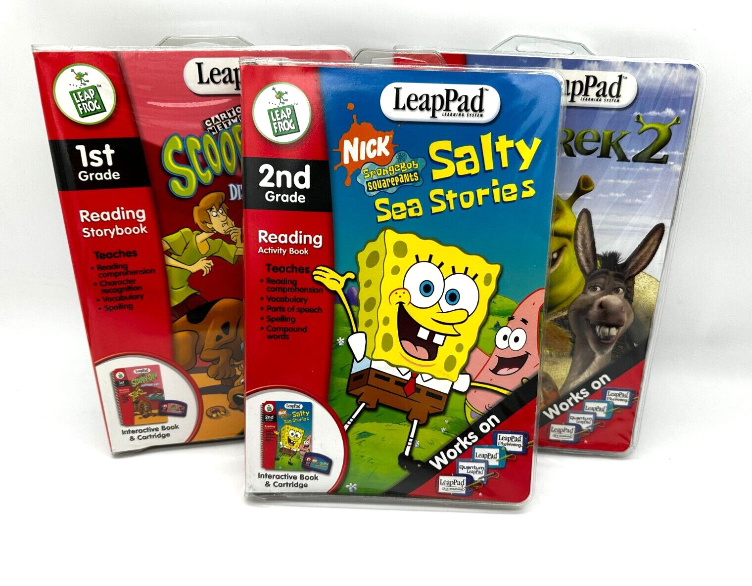 Lot 3 NEW Leap Frog Interactive Book & Cartridge SpongeBob, Scooby-Doo, Shrek 2