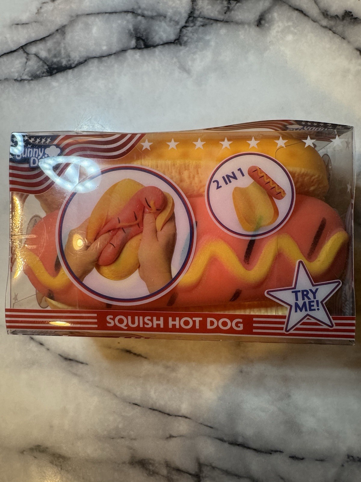 Sunny Days Squish Hot Dog 2-in-1 Tactile Squeeze Toy, Yellow/Red, Ages 4+