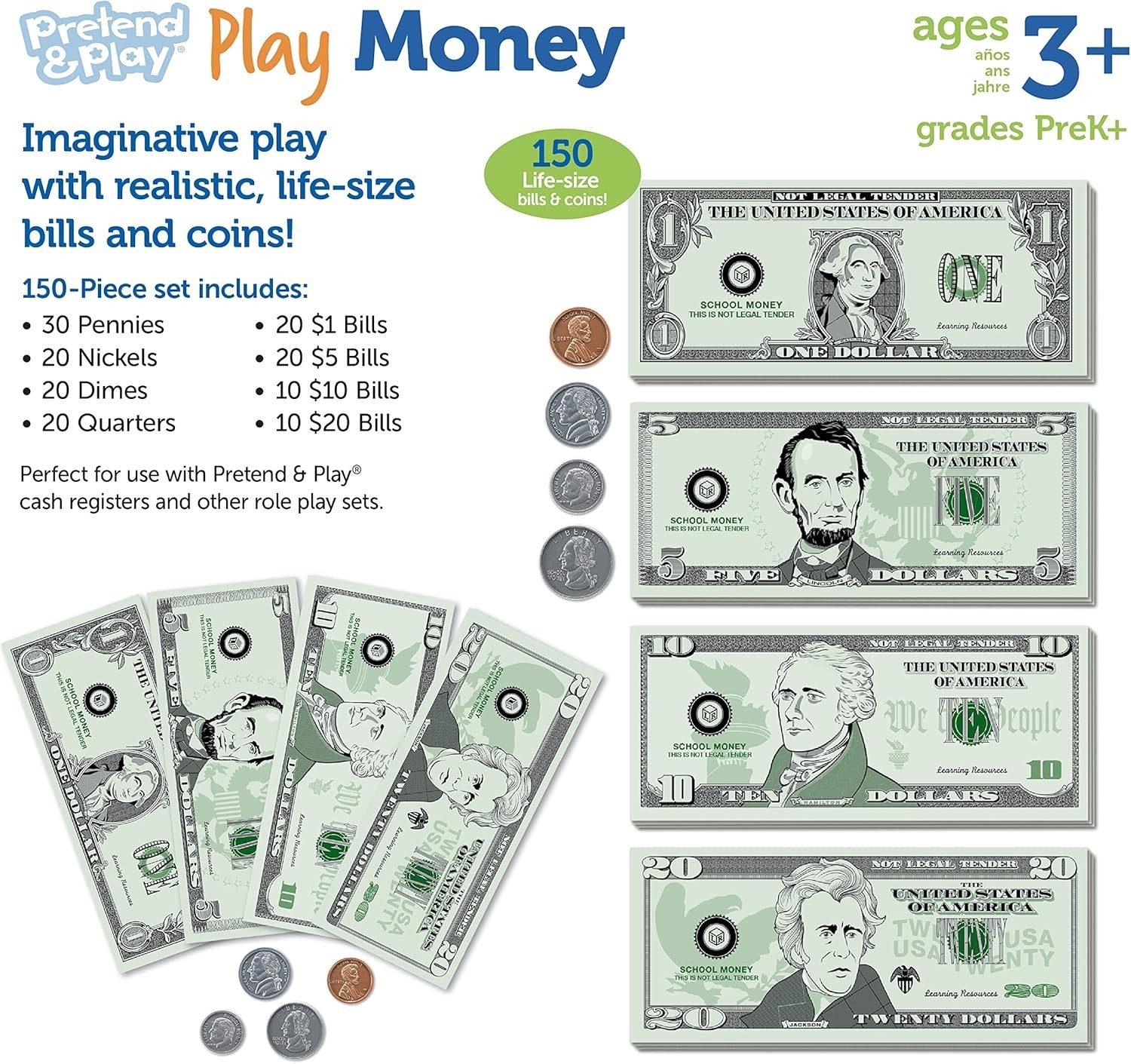 Pretend Play Money – Math Manipulatives for Kids, Kids Bank, Plastic Coins, C…