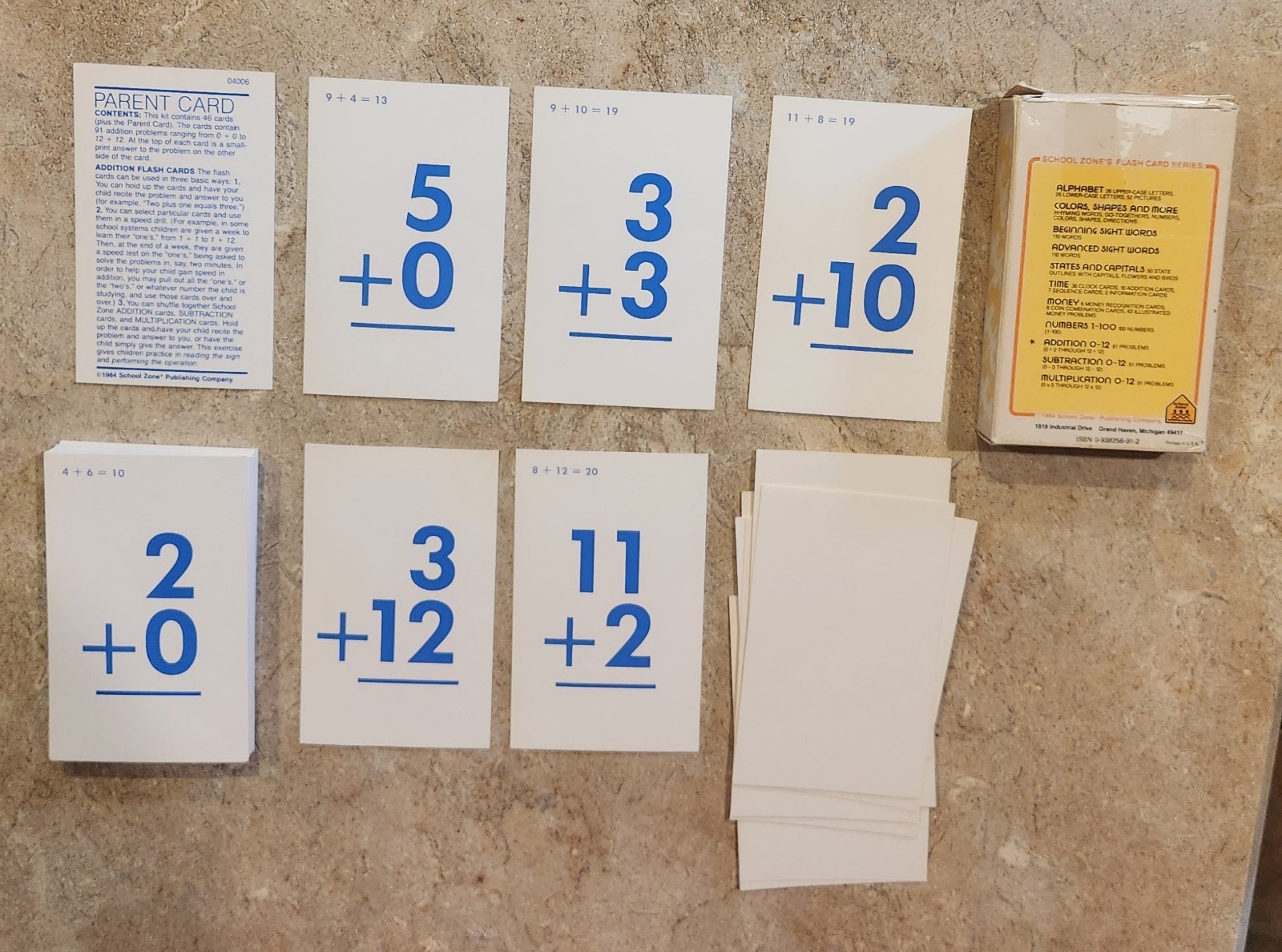 1984 School Zone Flash Cards ADDITION 0-12 Complete Set 91 Problems
