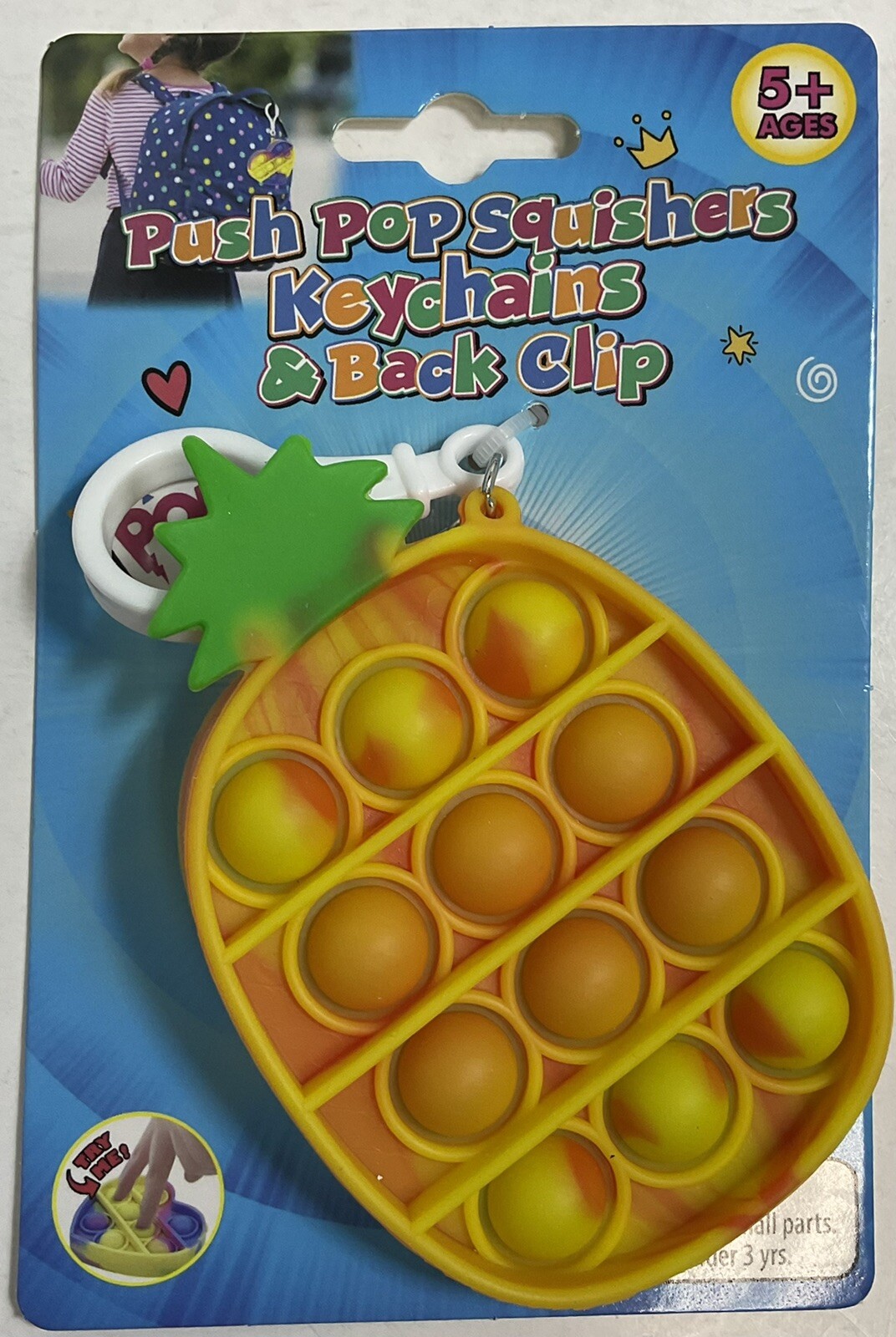 Push Pop Squishers Keychain & Back Clip Multicolor Pineapple Fidget Sensory Toy
