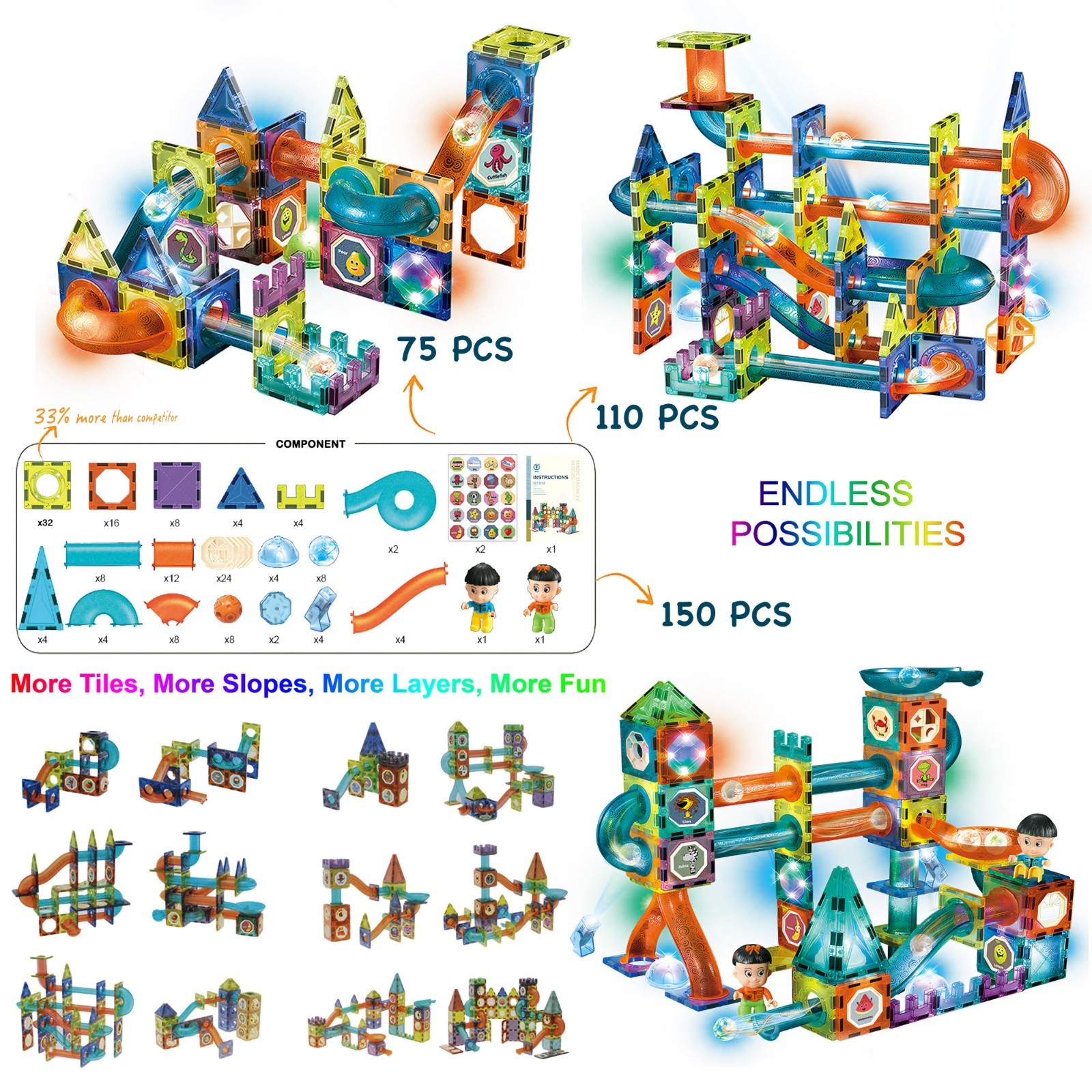Glowing Magnetic Marble Run Glow in The Dark 150 Magnetic Tiles Building Blocks