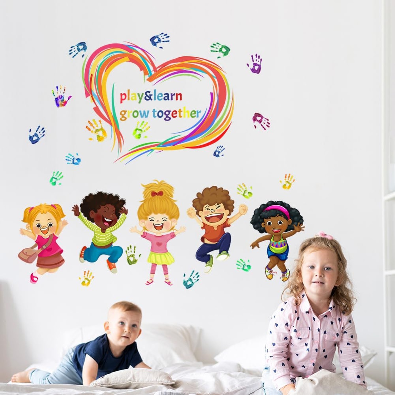 Play Learn & Grow Together Wall Decals Kids Inspirational Quotes Handprint Wa…