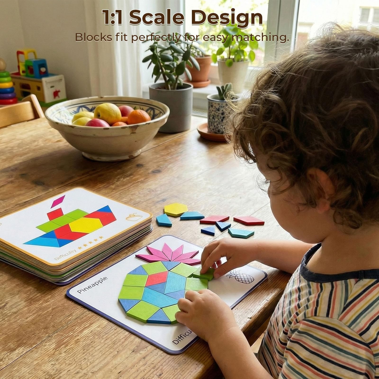 Wooden Pattern Blocks Geometric Shapes Tangram Puzzle Kids Montessori Toy