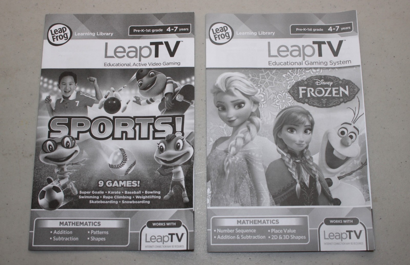 Leap Frog Leap TV Game Lot Of 2 Sports Disney’s Frozen Mathematics Pre-K 4-7 yrs
