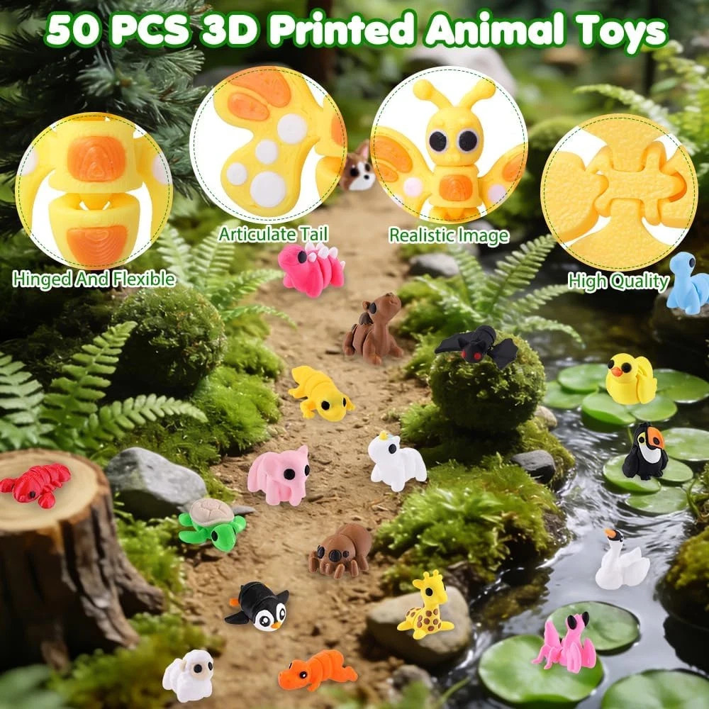 50 Pcs Mini 3D Printed Animal Figurines Set, Articulated Flexible Fidget Toys Cu