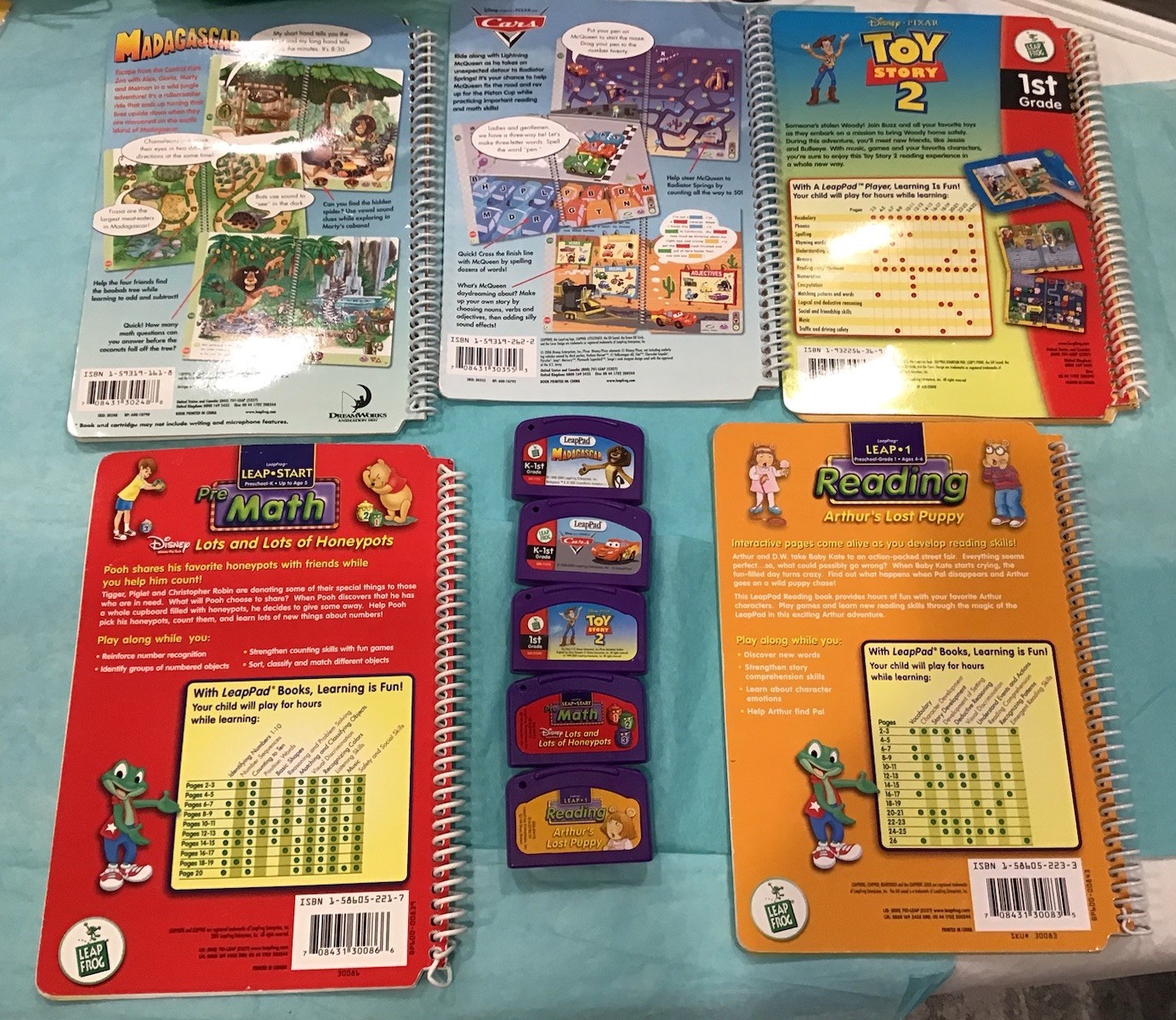 Leap Frog Leap Pad Cartridges And Books Lot Of 5 Reading ,Math,vowels,etc