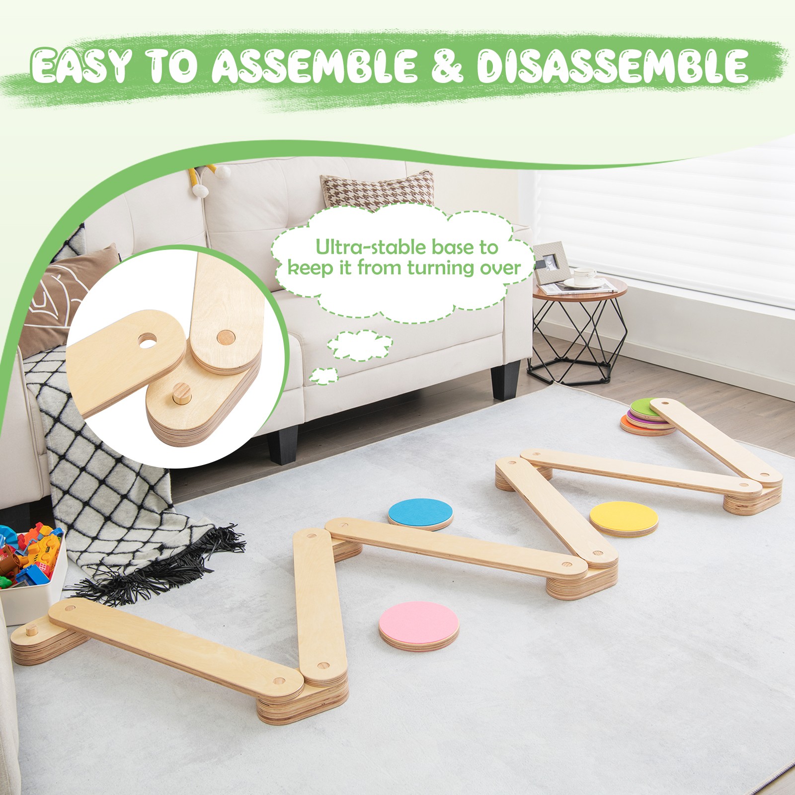Kids Balance Beam & Stepping Stones Wooden Montessori Toy Gym Obstacle Course