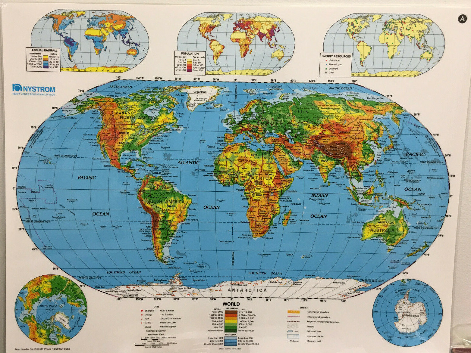 Nystrom Physical Landscape Laminated World Map 2-Sided 22″ X 17.5″ Very Clean