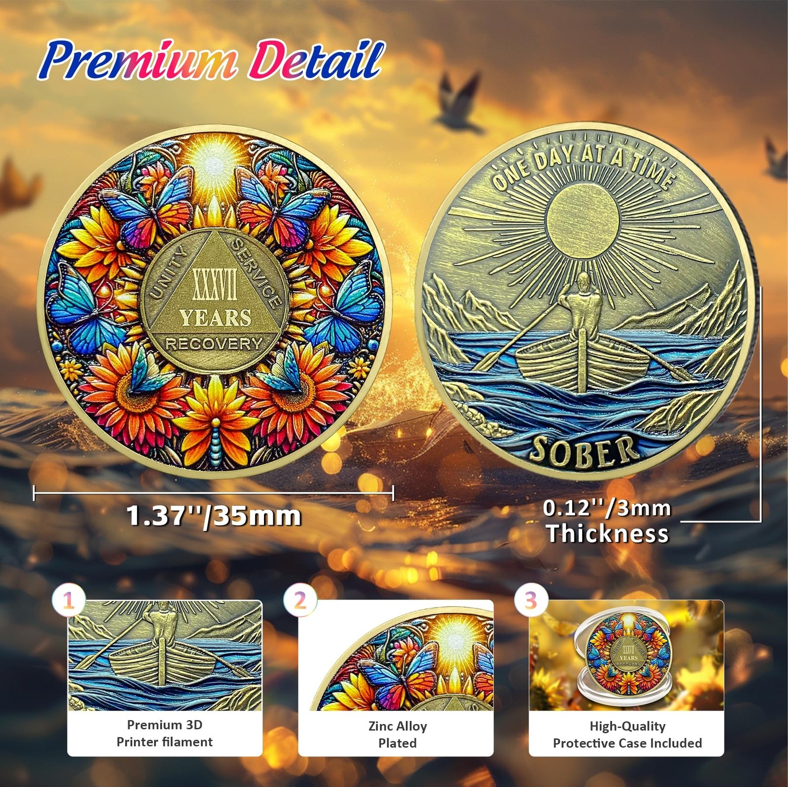 Delicate Sunflower 37 Year Sobriety Coin – 37 Year Recovery Butterfly AA Coin…