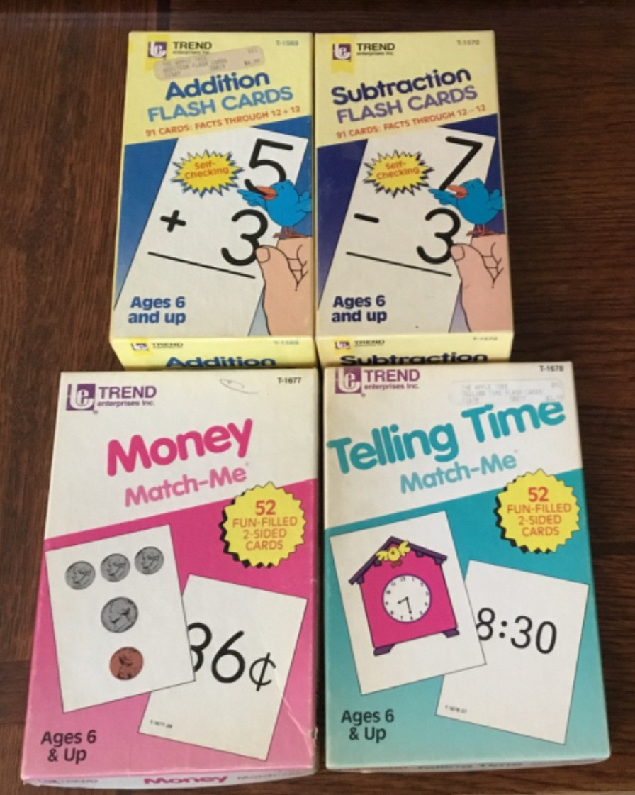 4 Trend Educational Flash Cards 1986 Addition Subtraction Money Telling Time