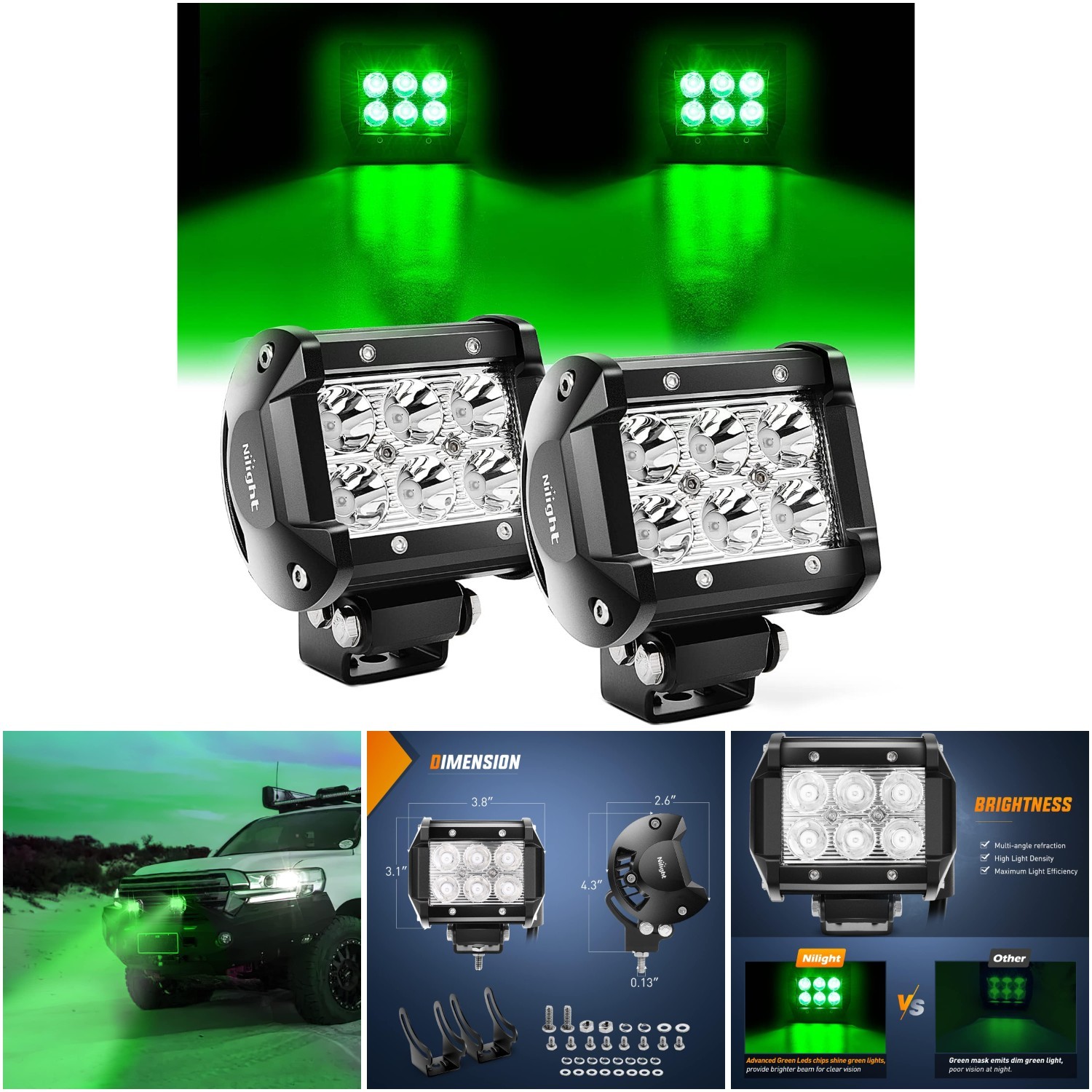 4 Inch Green Spot Fog Lights 18W 2PC Off Road Fishing Hunting