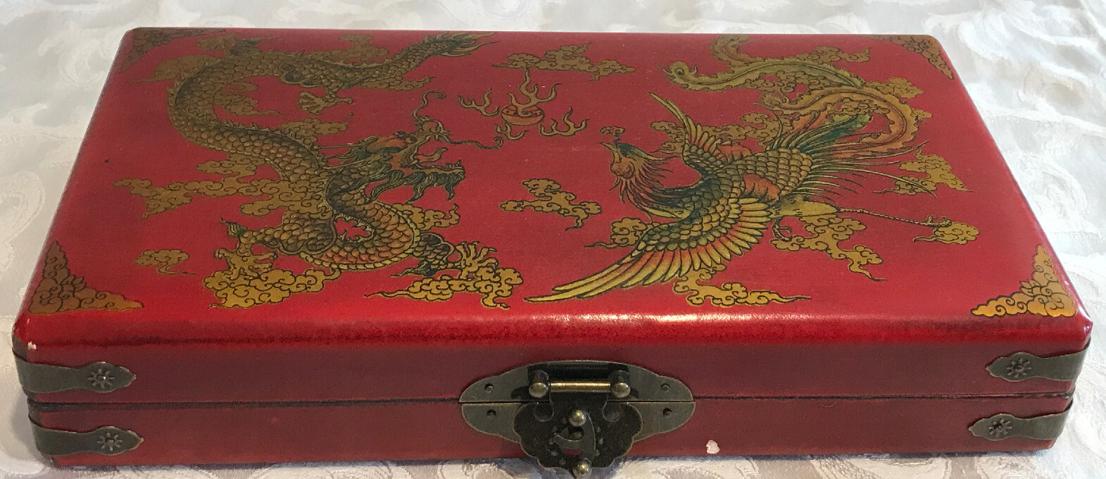 Chinese Abacus HAND dragon phoenix leather wood box