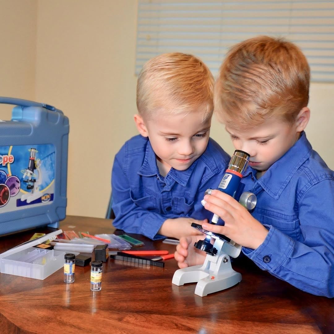 58-Piece Kids Microscope Kit – 100X-1200X Magnification, Metal Body, LED Ligh…