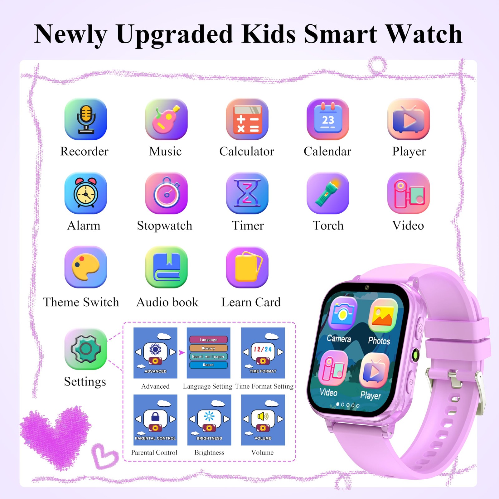 KALINCO Kids Smart Watch, 30+ Games Camera Video 1.83 inches, Purple